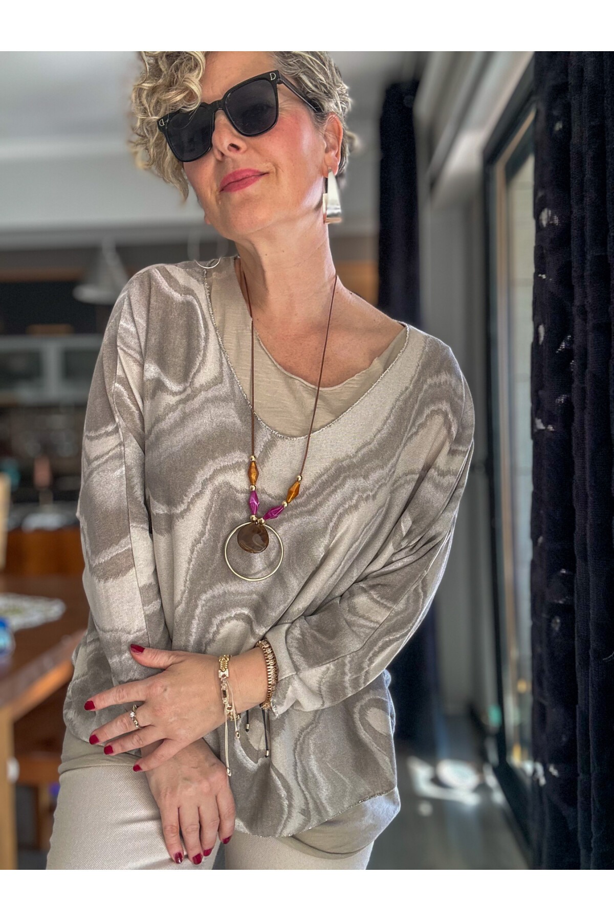 Pinsa Dalga Desen Kolyeli İtalyan Bluz Takım Beige