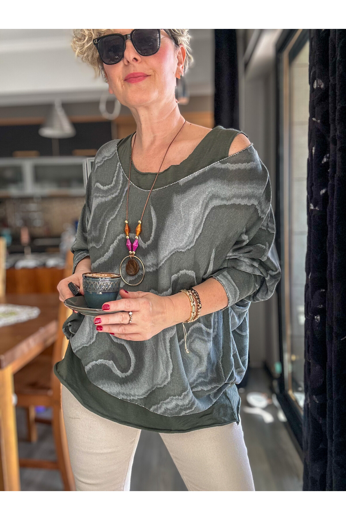 Pinsa Dalga Desen Kolyeli İtalyan Bluz Takım Haki