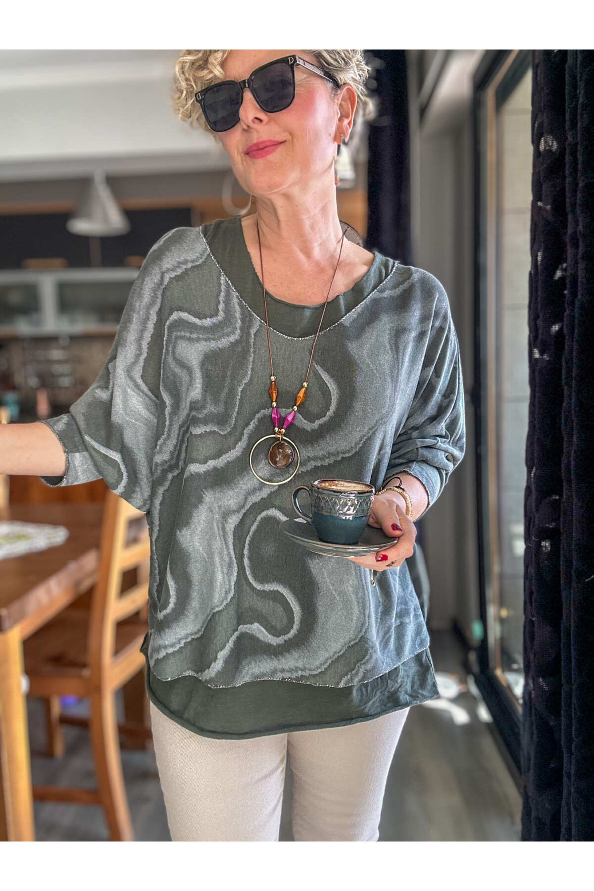 Pinsa Dalga Desen Kolyeli İtalyan Bluz Takım Haki