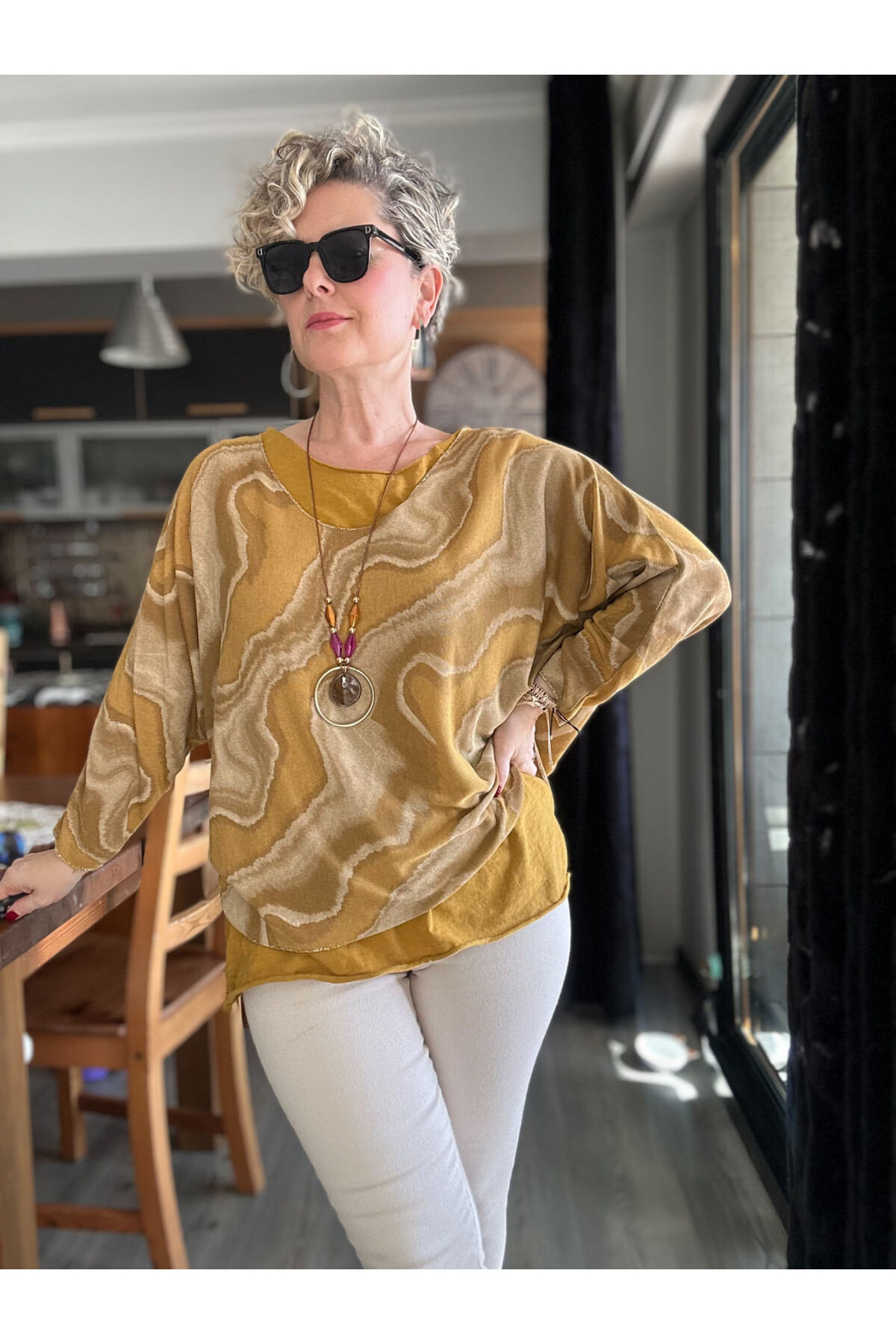 Pinsa Dalga Desen Kolyeli İtalyan Bluz Takım Hardal