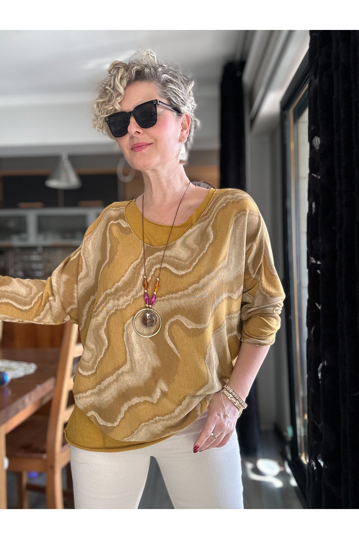 Pinsa Dalga Desen Kolyeli İtalyan Bluz Takım Hardal