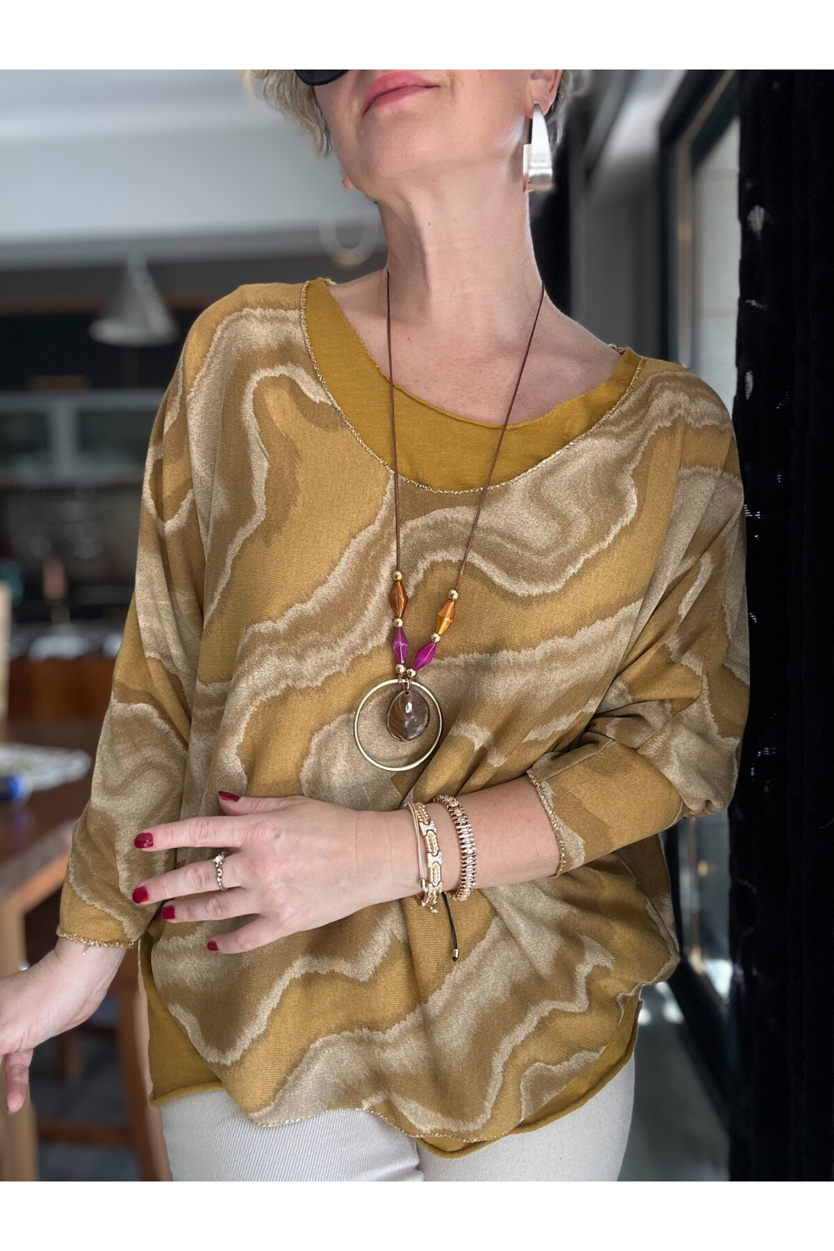 Pinsa Dalga Desen Kolyeli İtalyan Bluz Takım Hardal