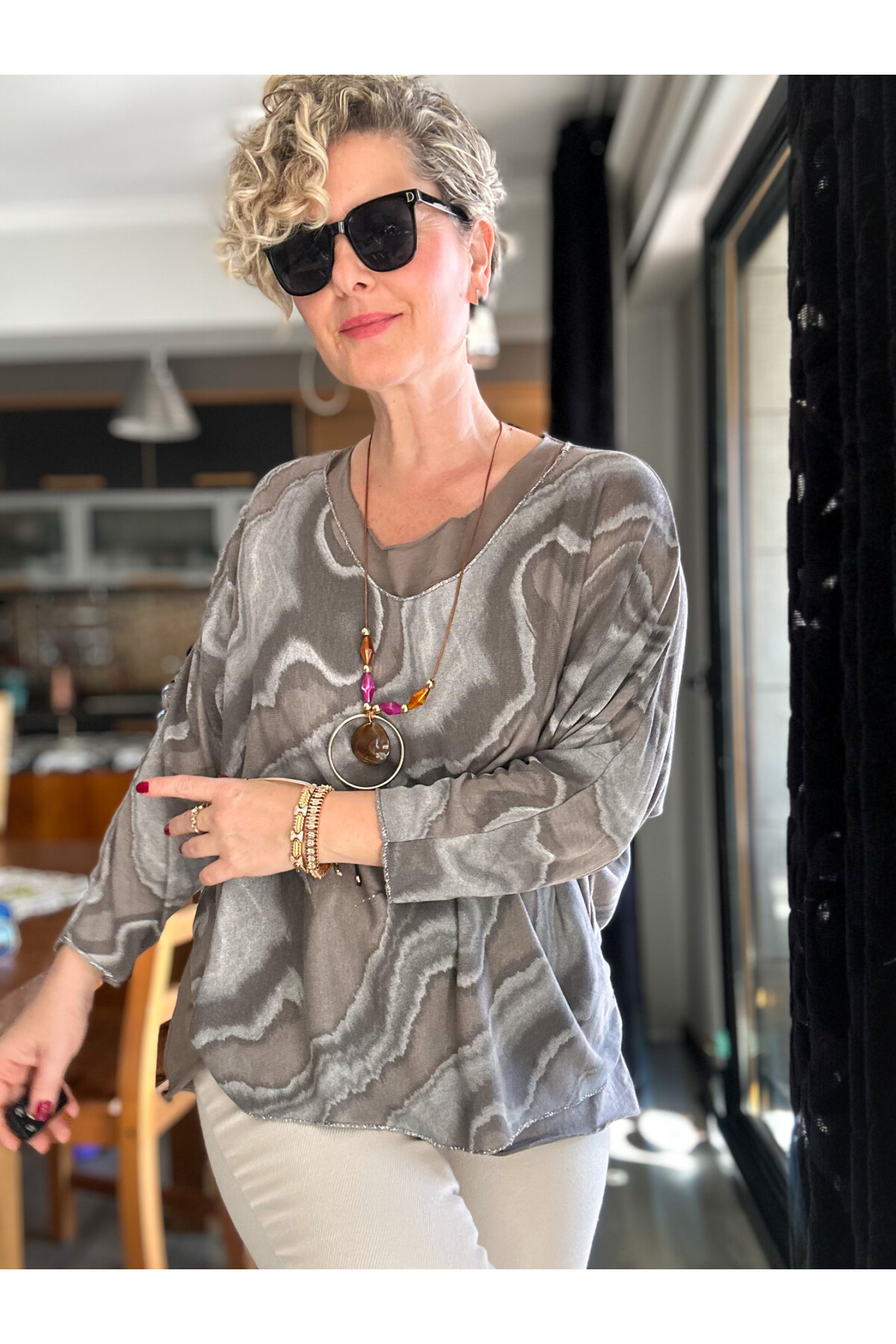 Pinsa Dalga Desen Kolyeli İtalyan Bluz Takım Vizon