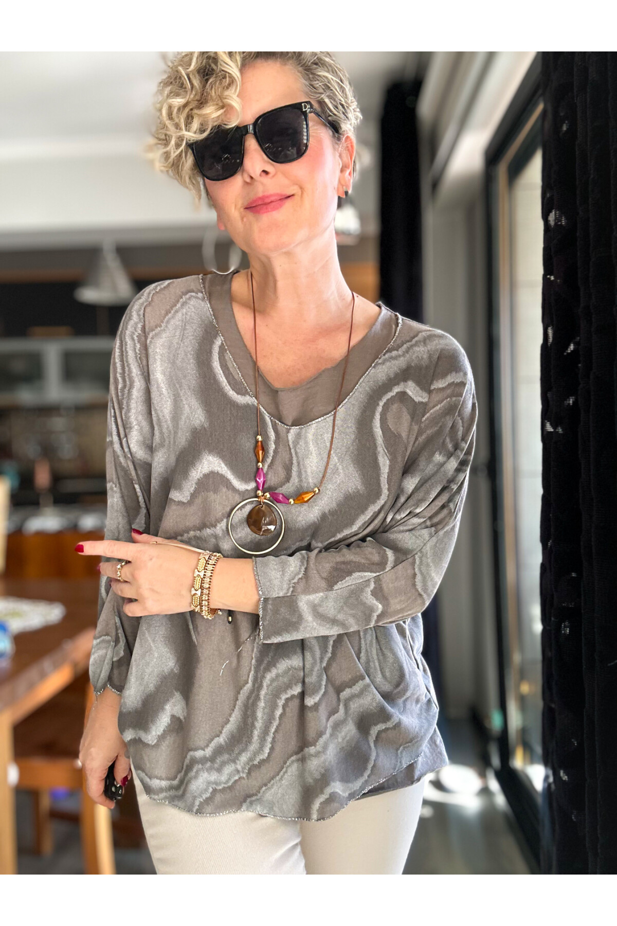 Pinsa Dalga Desen Kolyeli İtalyan Bluz Takım Vizon