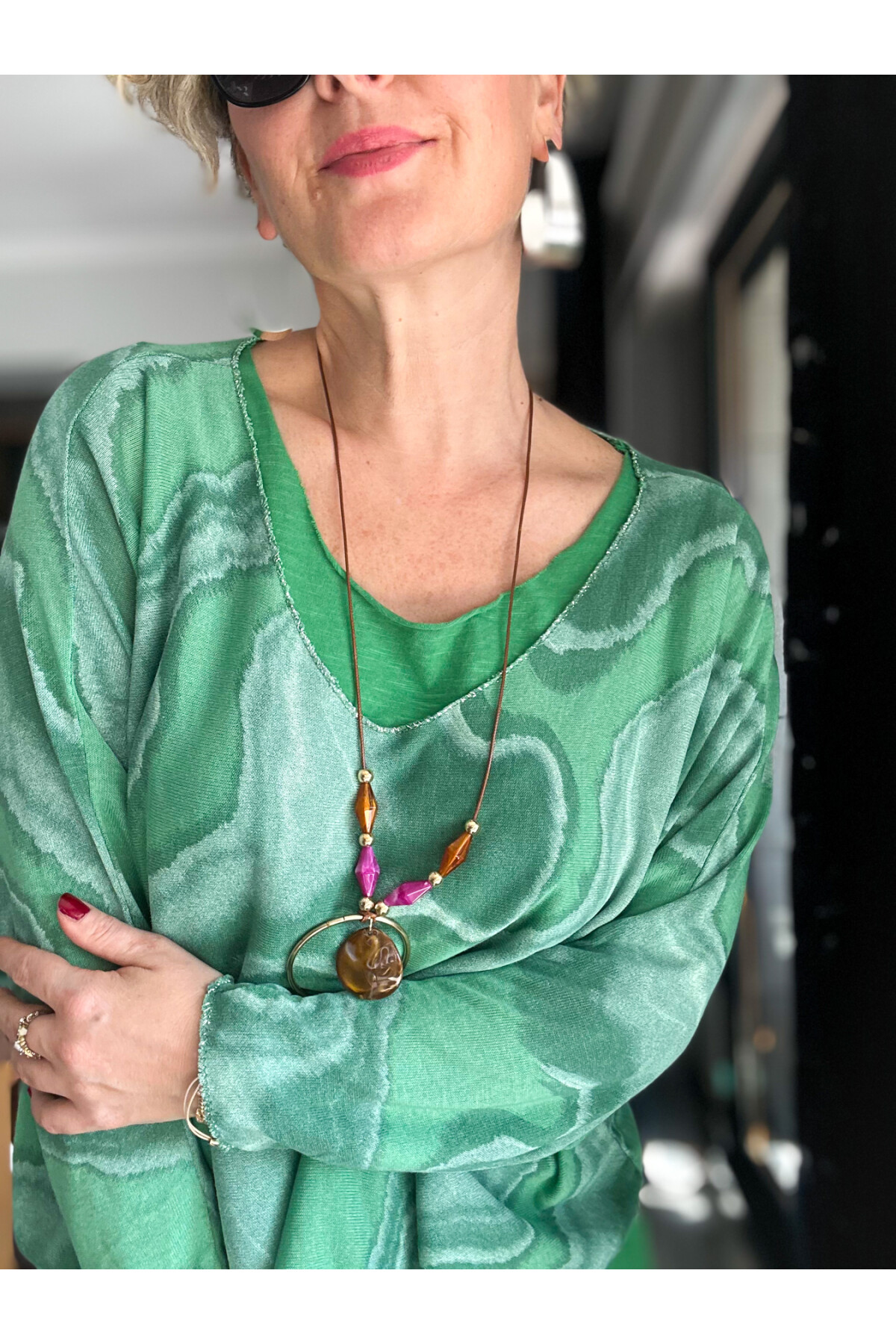 Pinsa Dalga Desen Kolyeli İtalyan Bluz Takım Yeşil