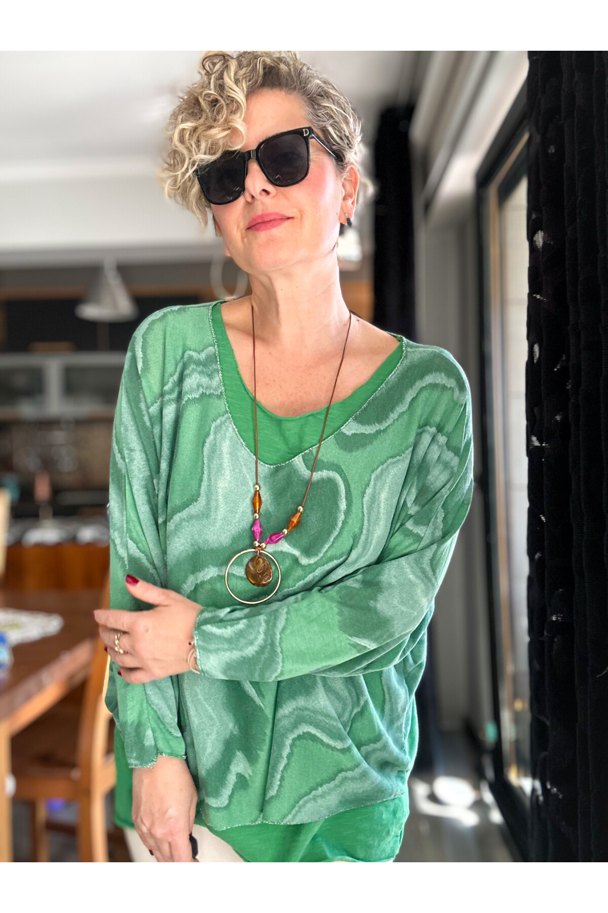 Pinsa Dalga Desen Kolyeli İtalyan Bluz Takım Yeşil