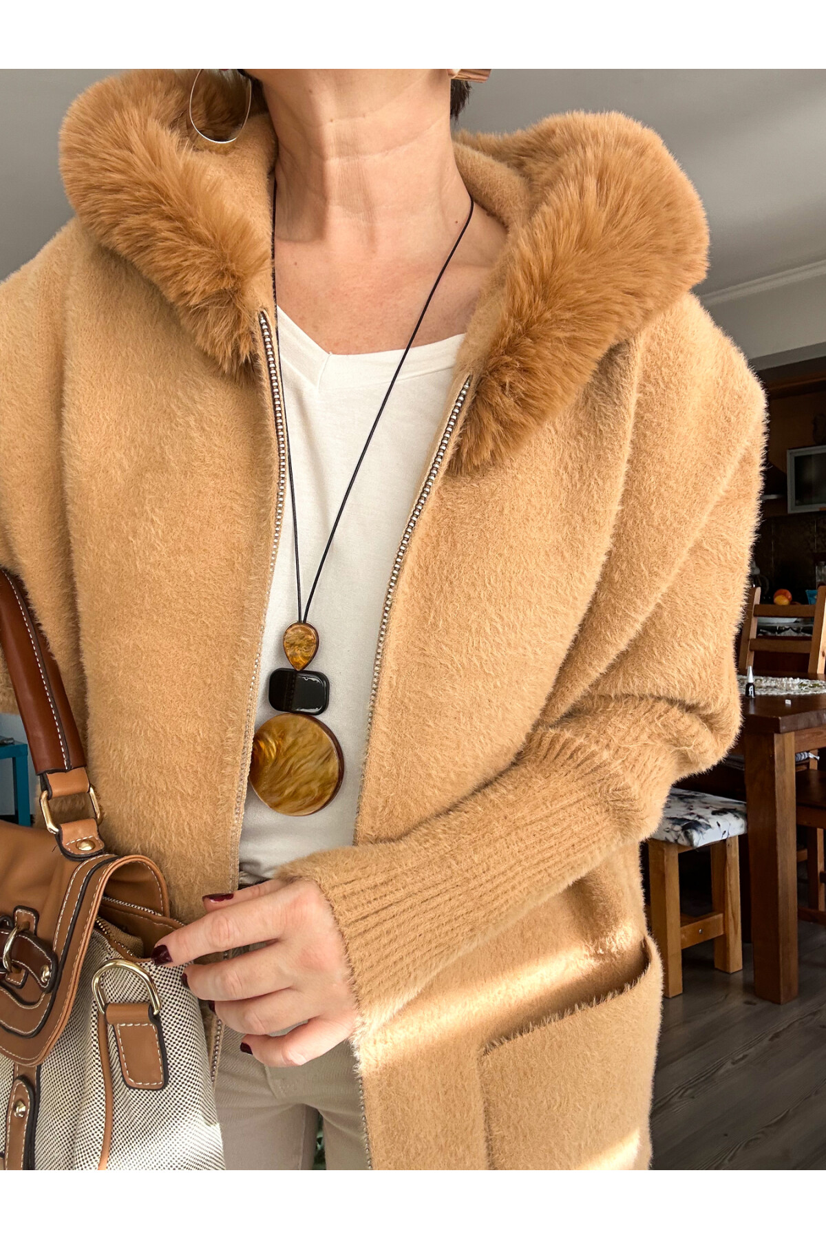 Porro İthal Angore Kürk Kapşon Kapak Cepli Ceket Camel