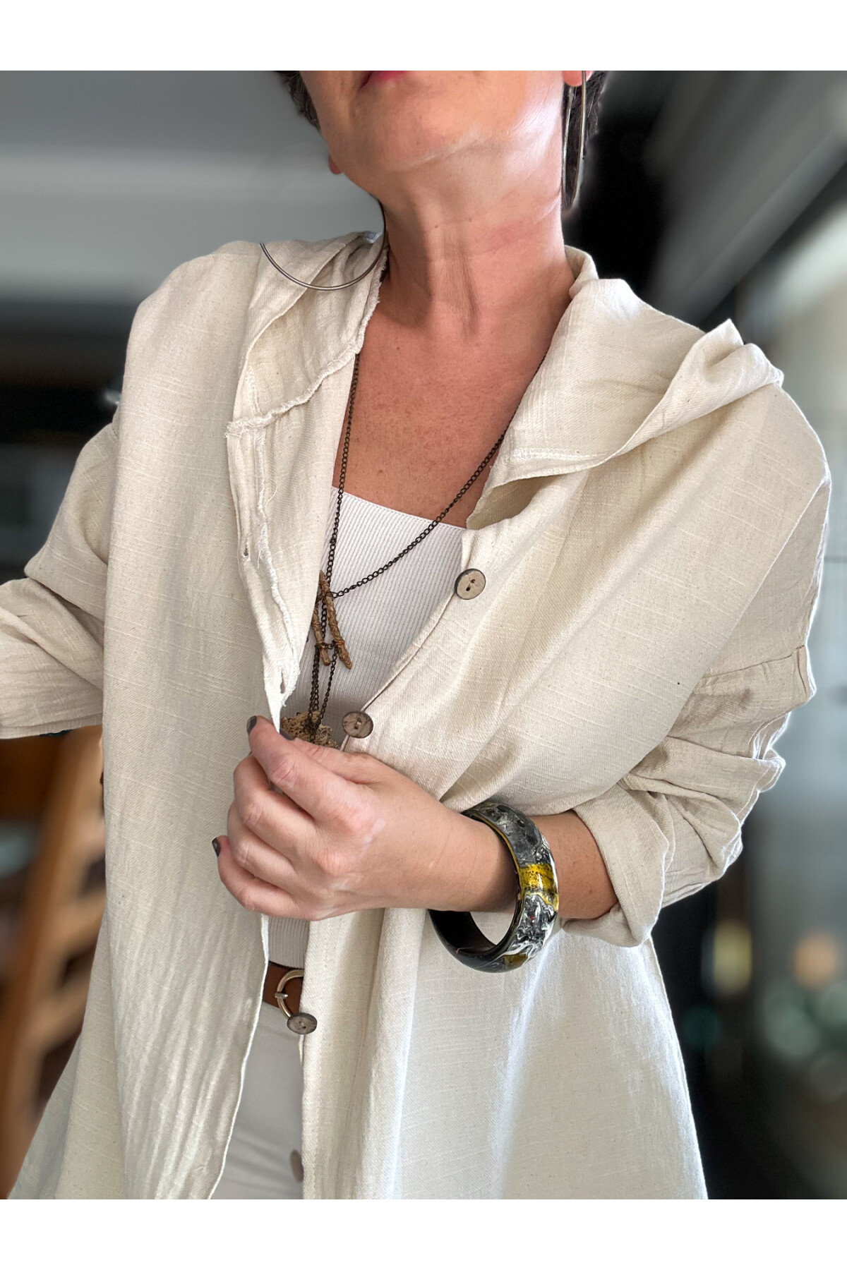 Que Tasarım Arka Star Pul Detay Kapşon Ceket Ekru