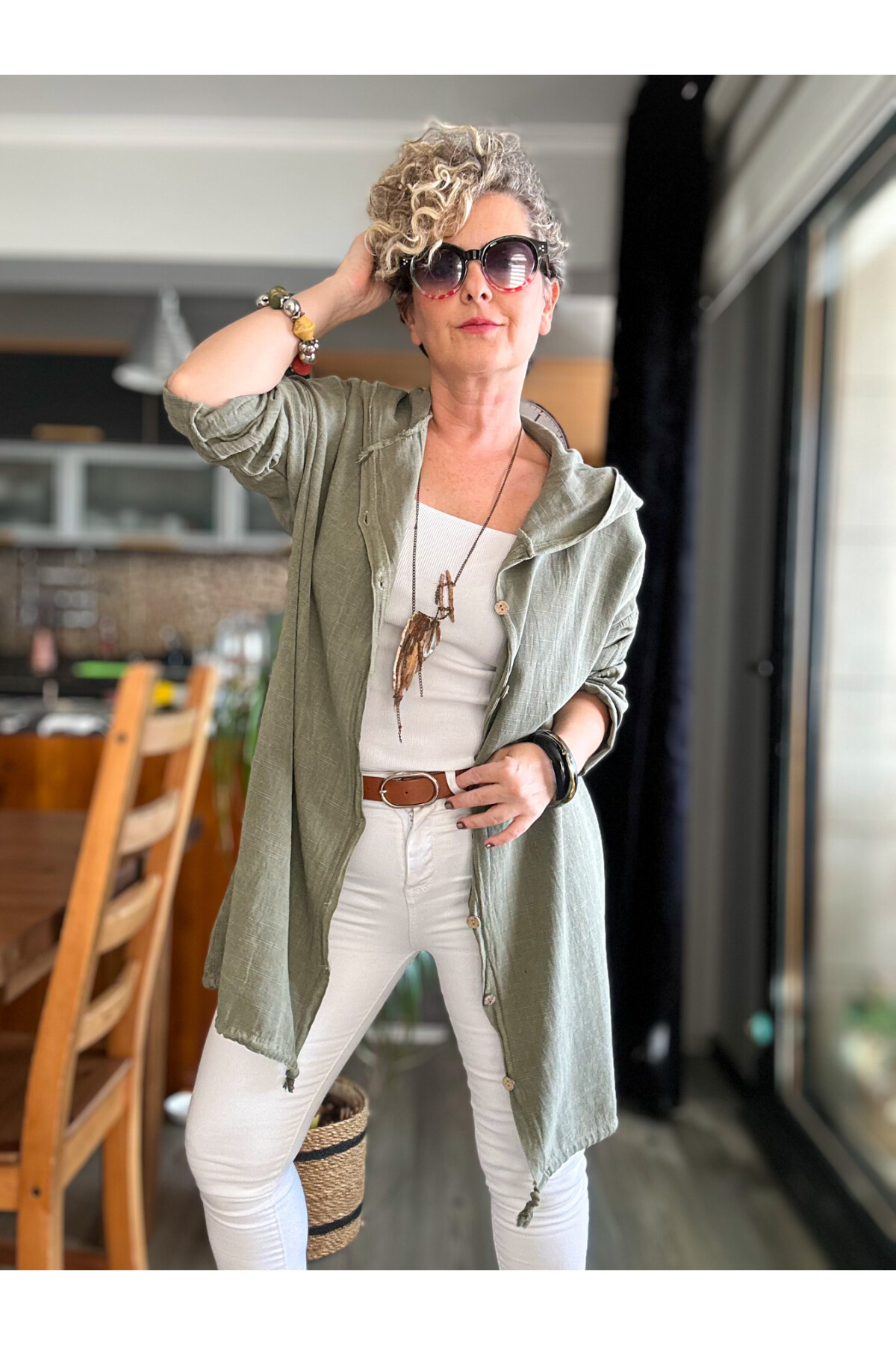 Que Tasarım Arka Star Pul Detay Kapşon Ceket Haki Yeşil