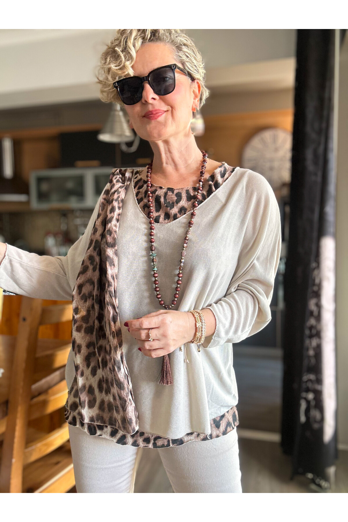 Roberta İtalyan Safari Desen Fularlı Atletli Triko Takım Beige