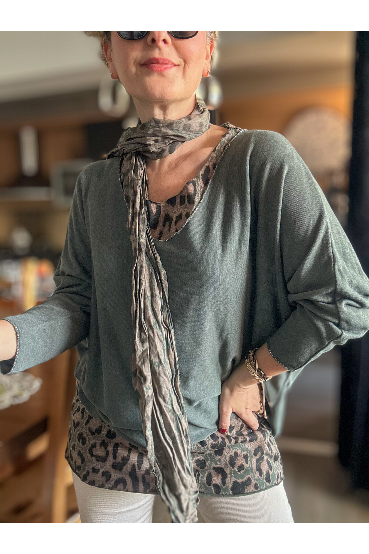 Roberta İtalyan Safari Desen Fularlı Atletli Triko Takım Haki