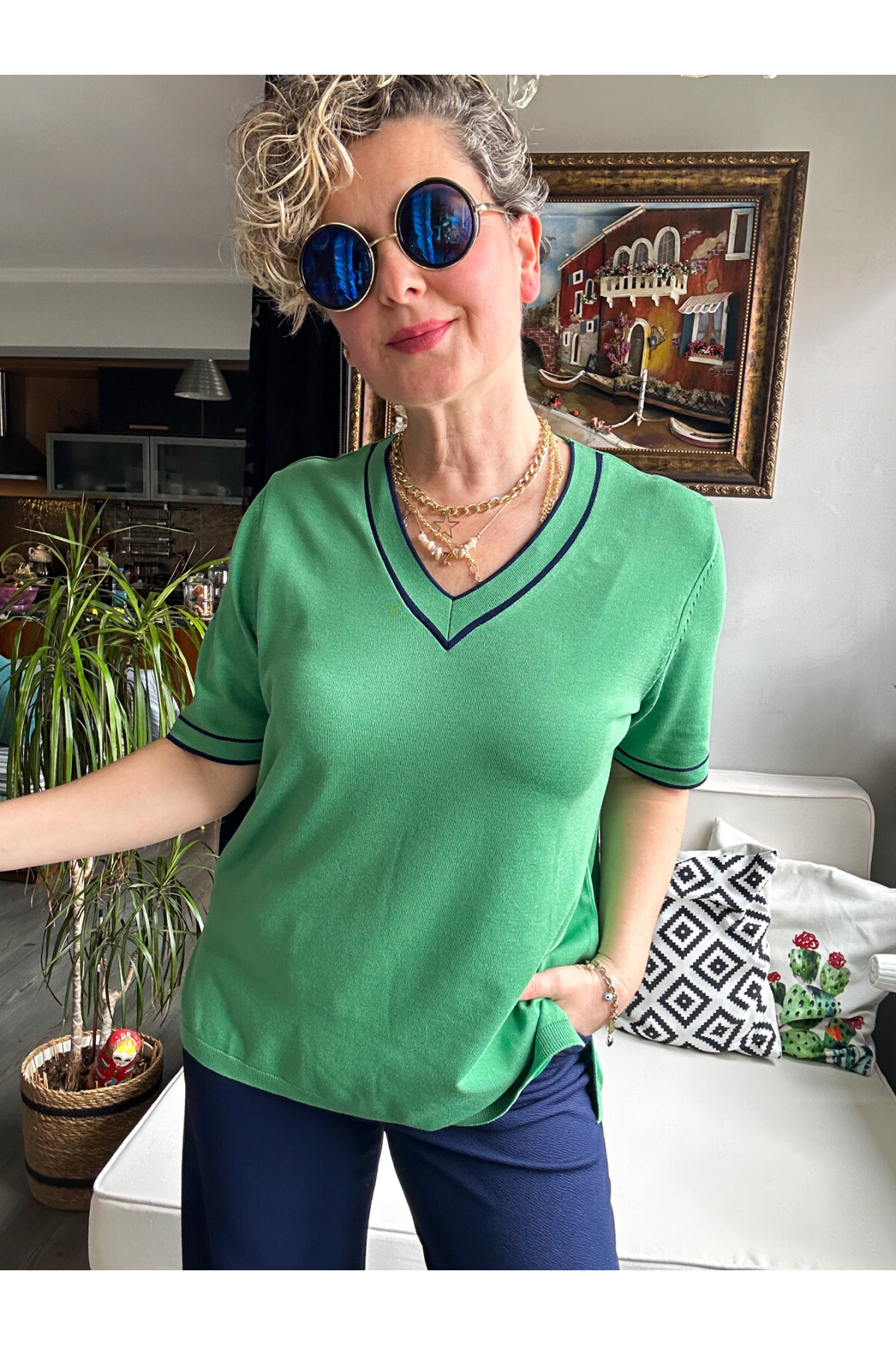 Terry  V Yaka Ve Kol Çizgili Triko Bluz Yeşil