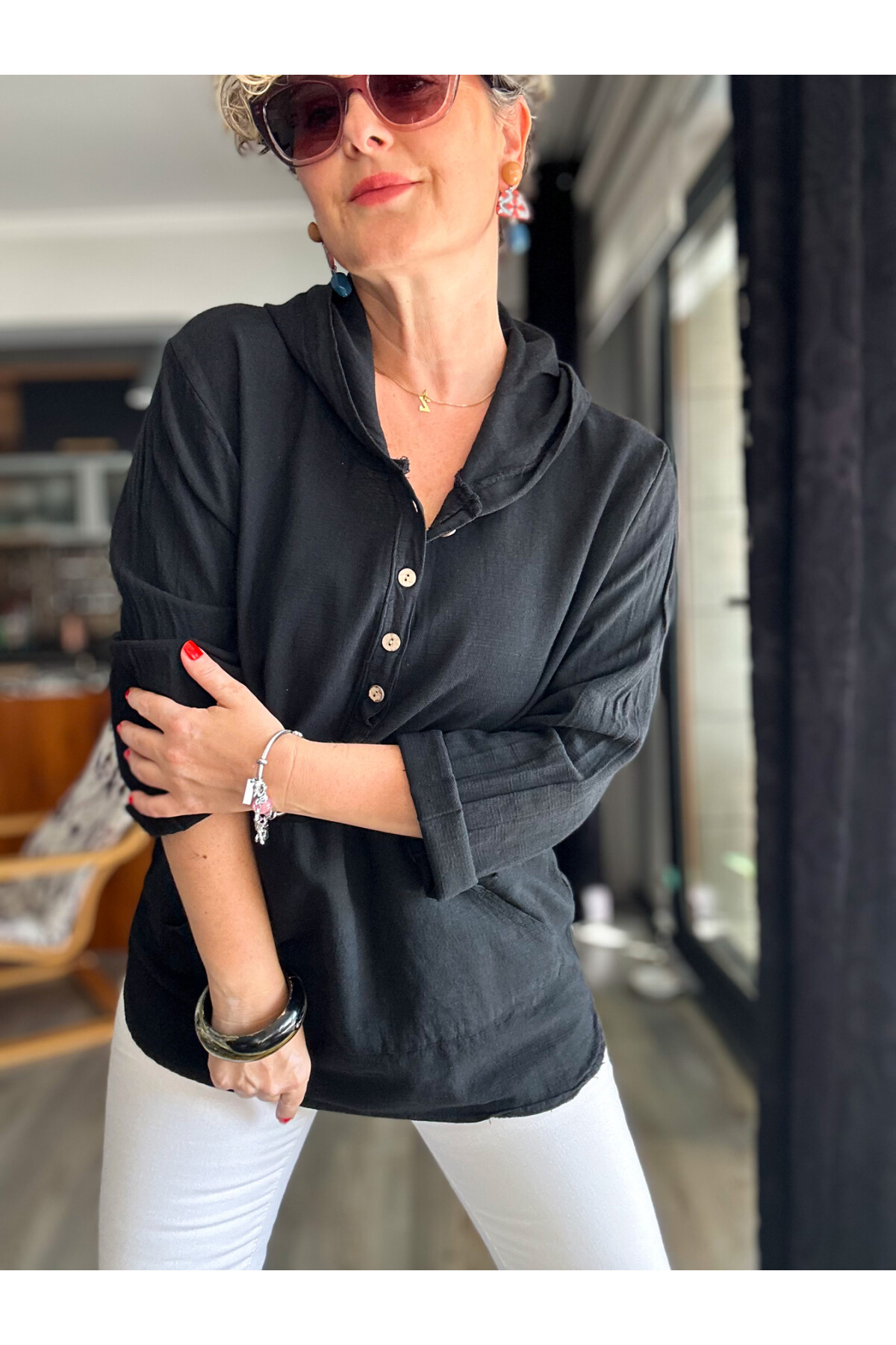 Toby Tasarım Kanguru Cep Kapşon Detay Bluz Siyah