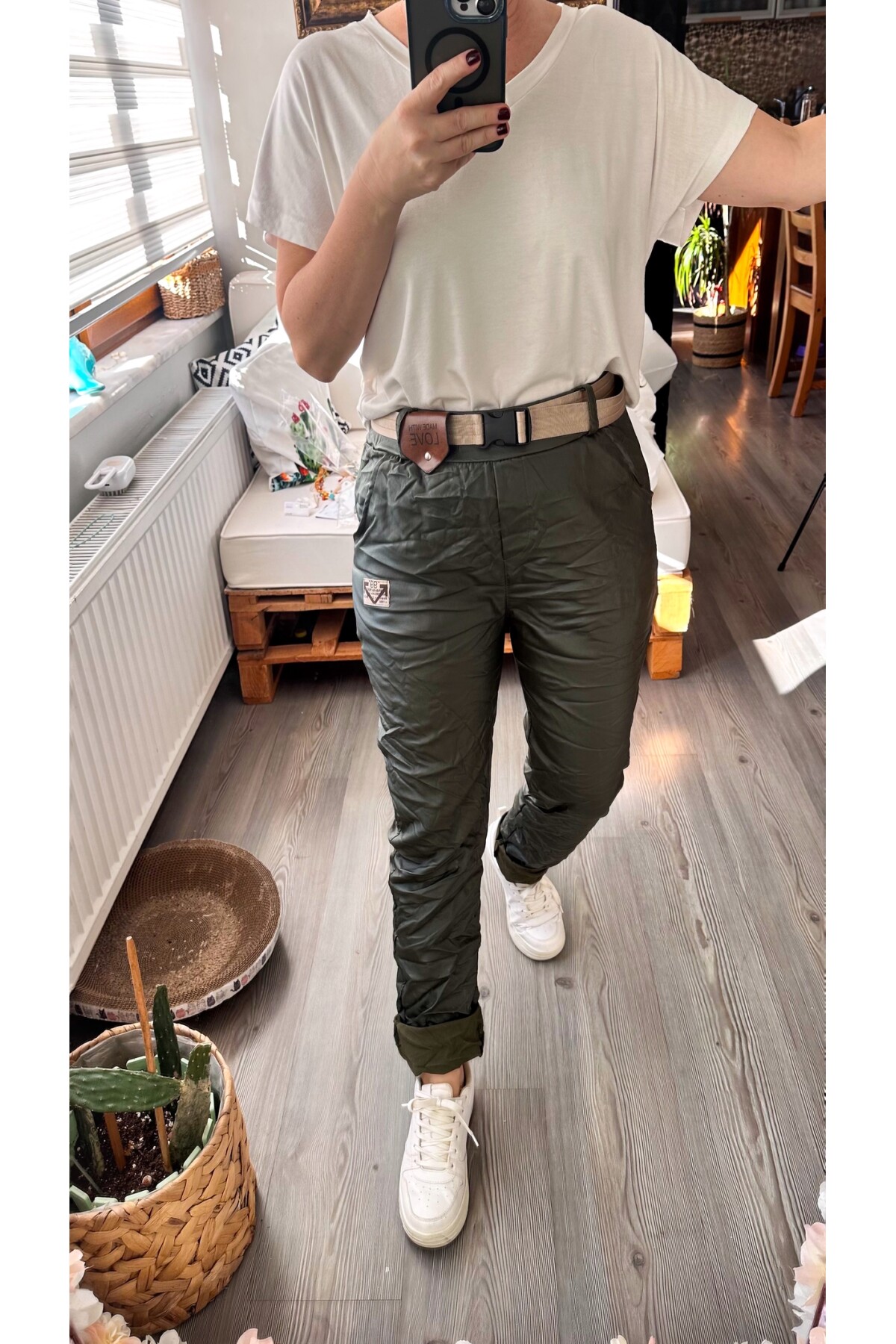 Toscani İtalyan Love Kemerli Deri Pantolon Haki