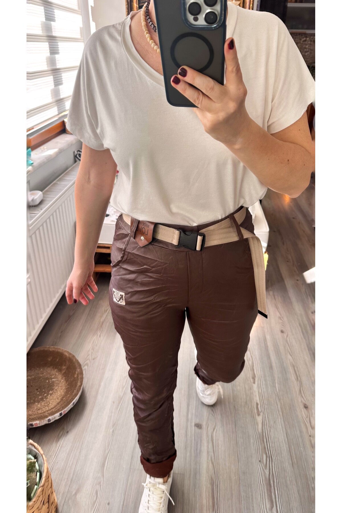 Toscani İtalyan Love Kemerli Deri Pantolon Kahve