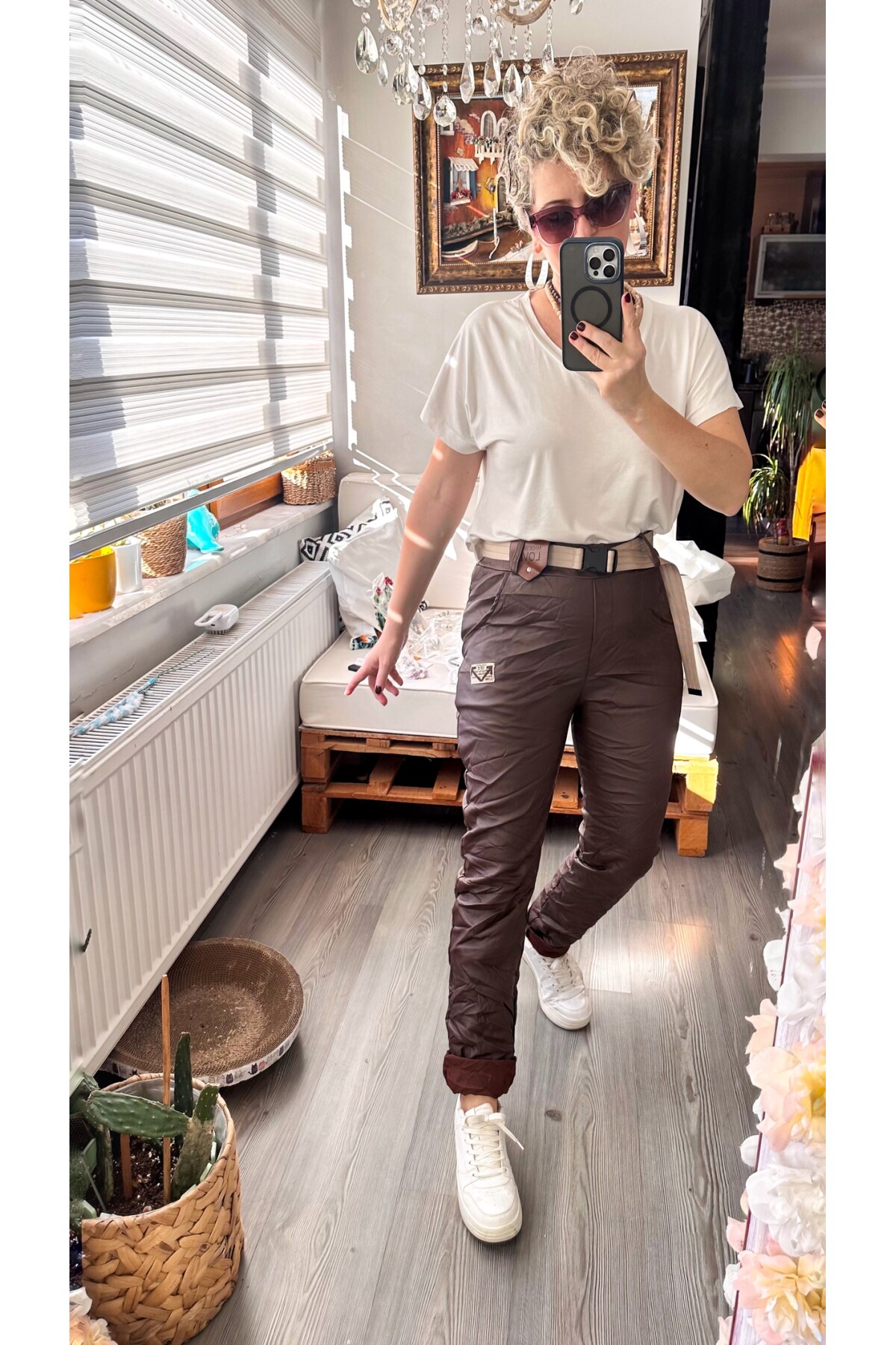 Toscani İtalyan Love Kemerli Deri Pantolon Kahve