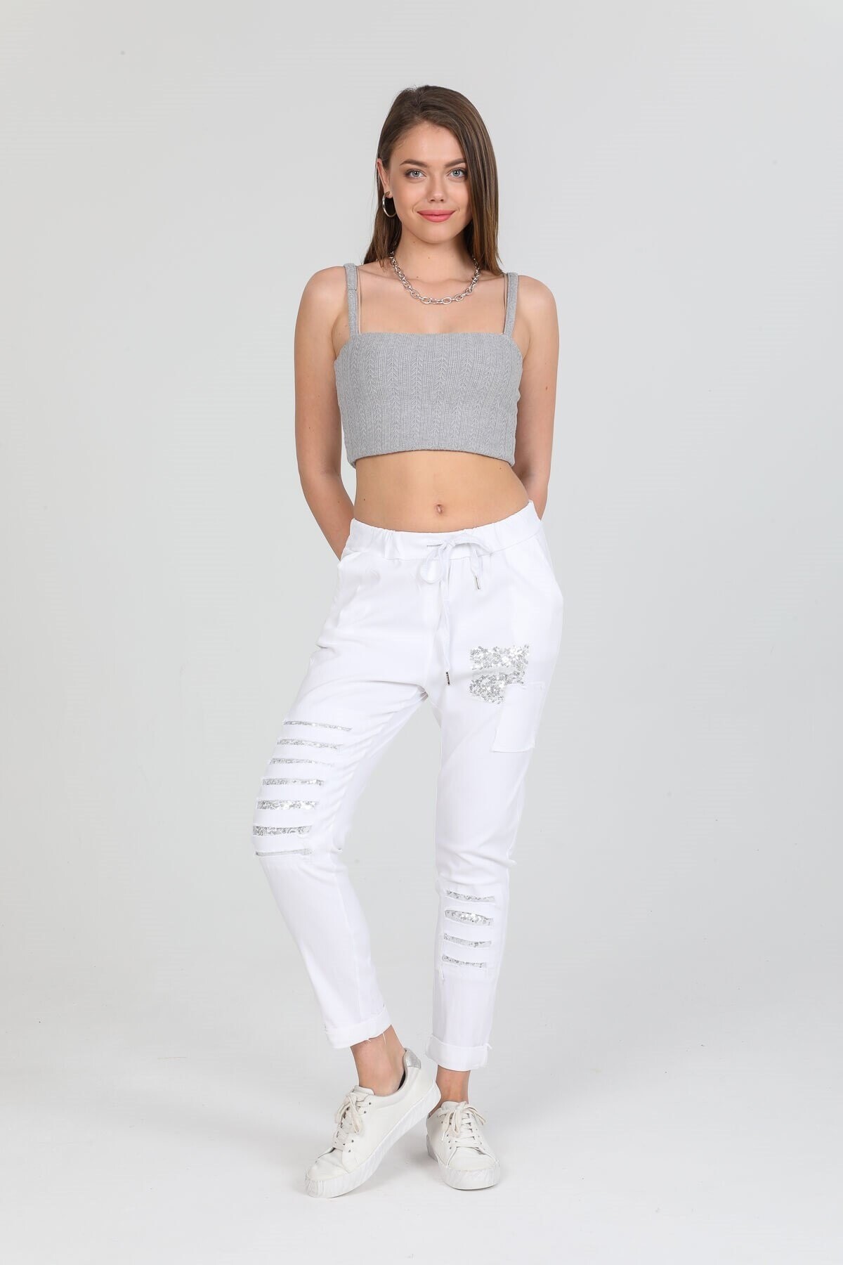 Tucci İtalyan Sihirli Payet Detay Pantalon Beyaz