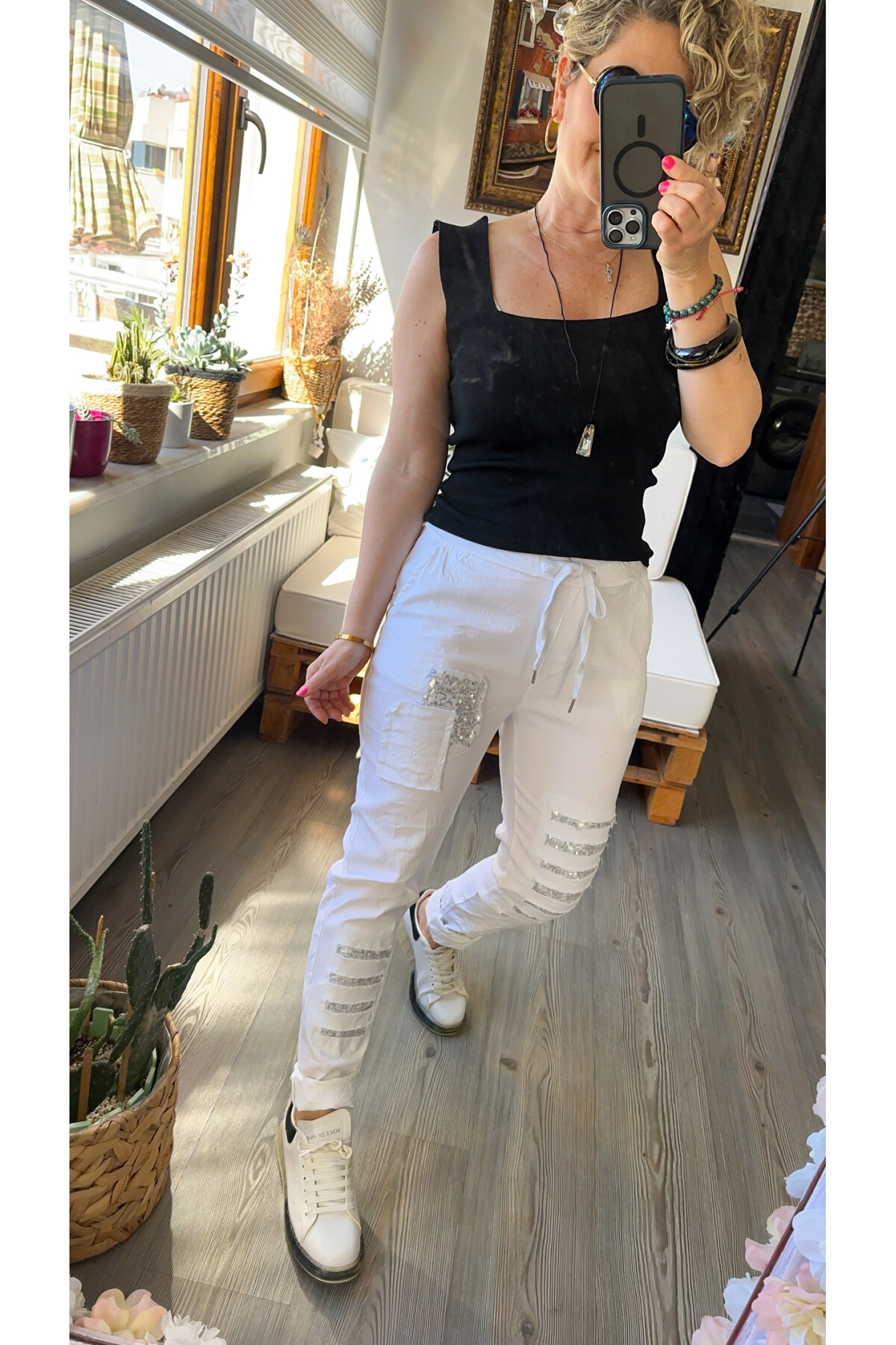 Tucci İtalyan Sihirli Payet Detay Pantalon Beyaz