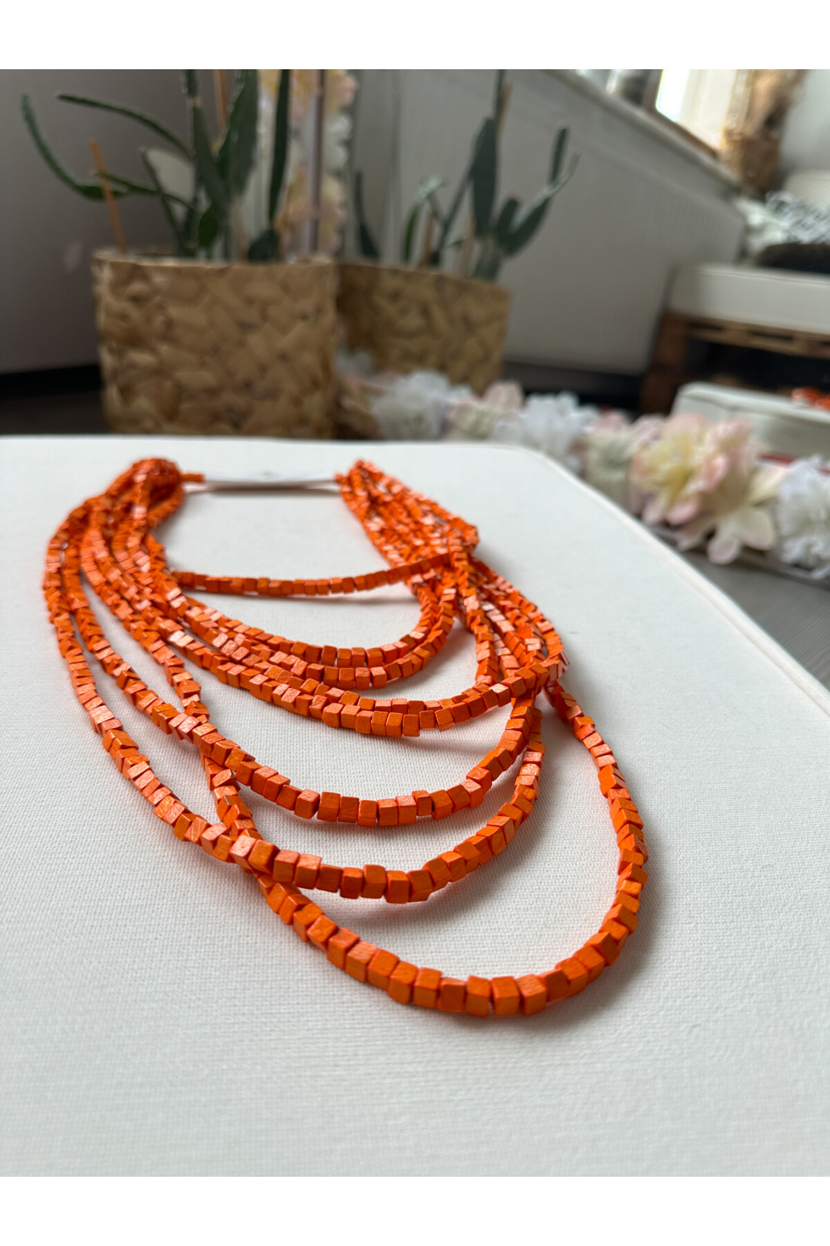 Turuncu Tahta Otantik Sekiz Sıra Kolye