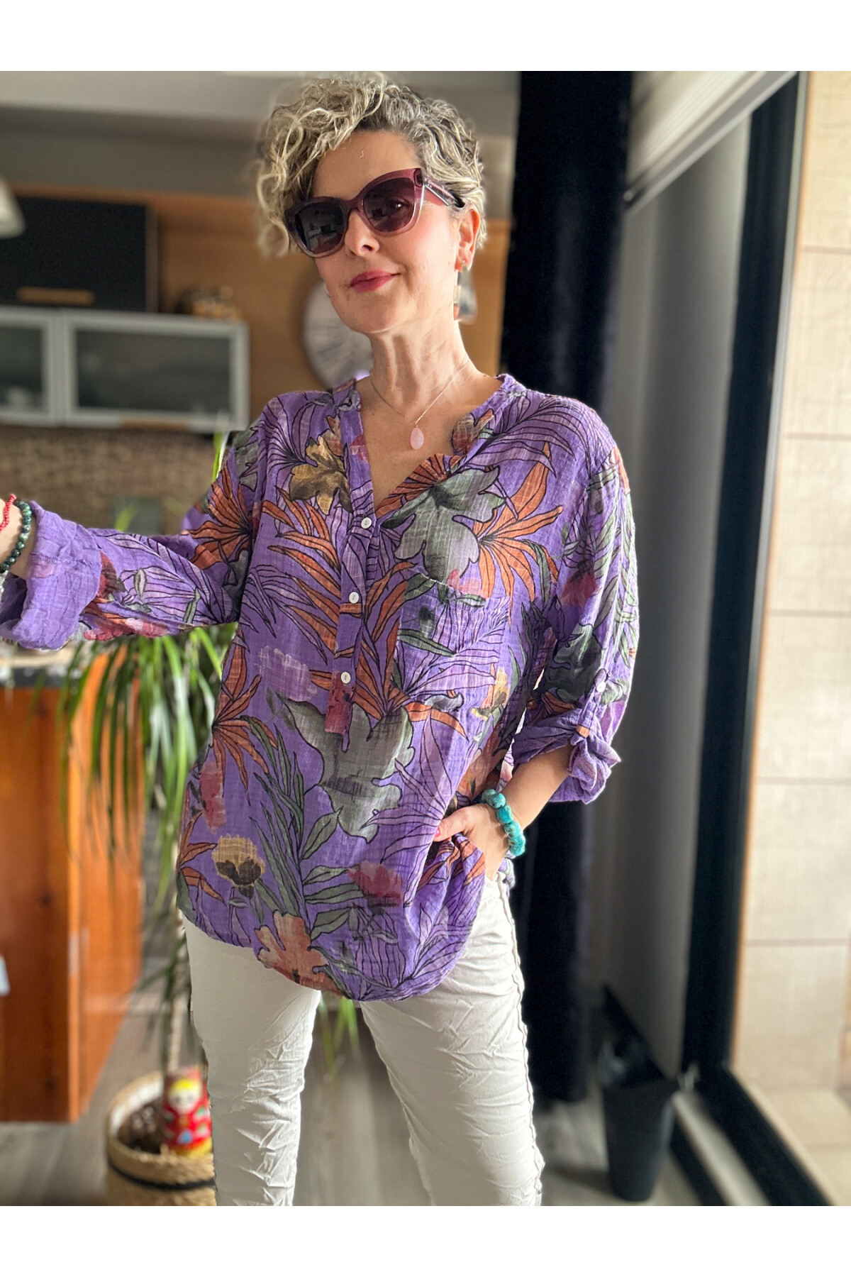 Vektör Yaprak Desen İtalyan Gömlek Mor