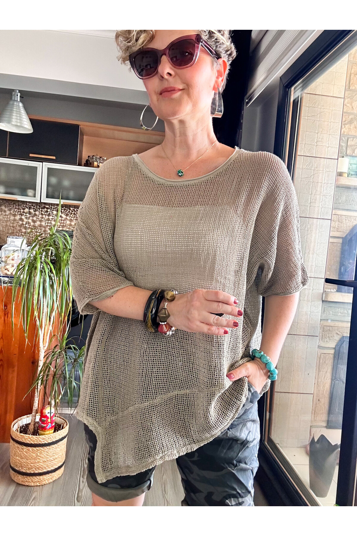 Vera Tasarım Asimetrik File Bluz Haki