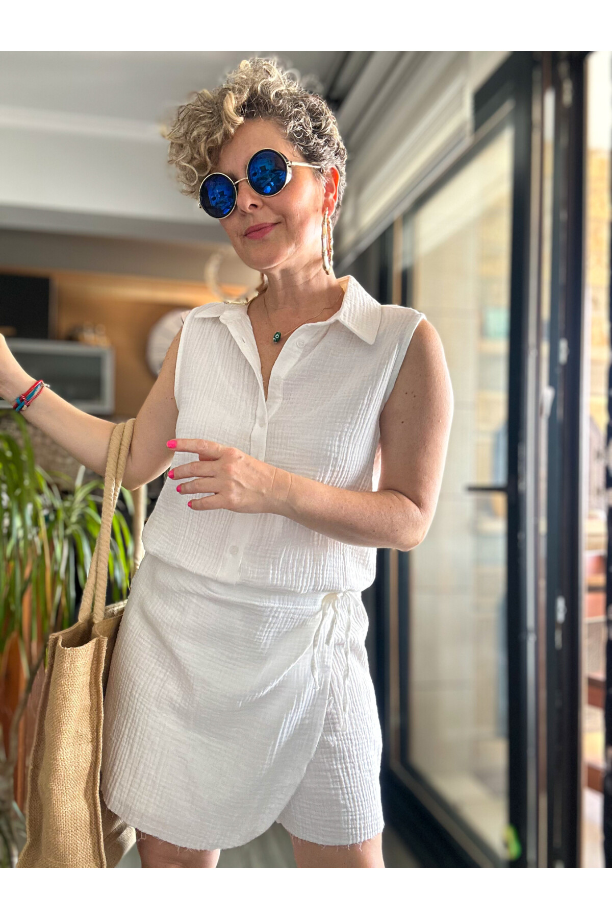 Verte Tasarım Şort Etek Bluz Takım Beyaz