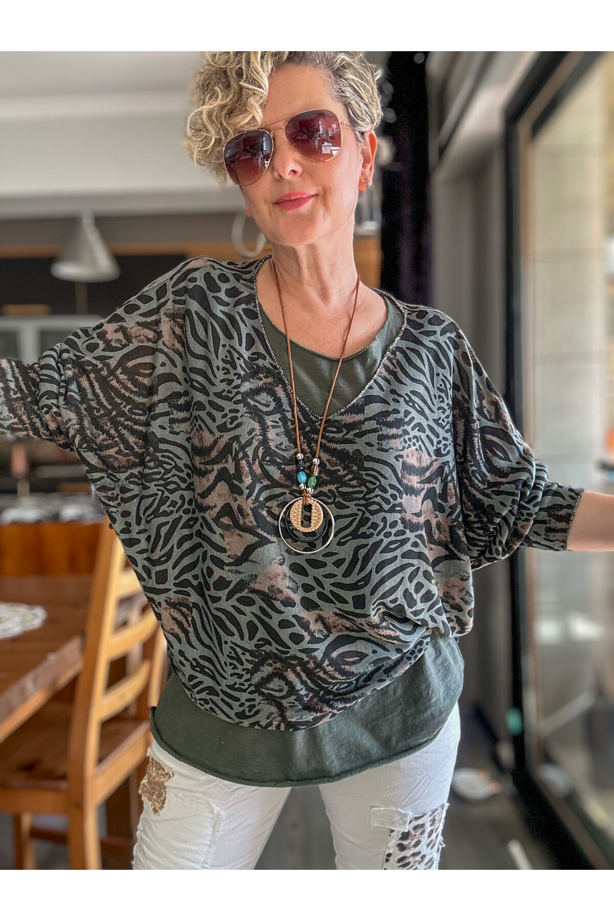 Vino İtalyan Kaplan Desen Kolyeli Bluz Takım Haki