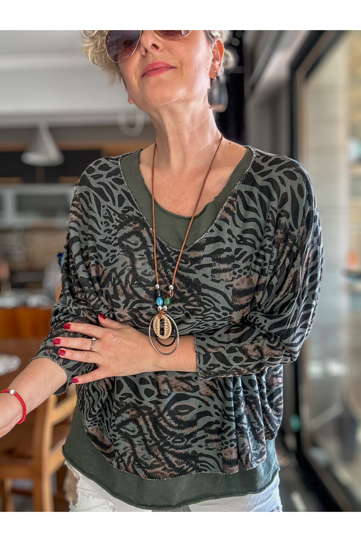 Vino İtalyan Kaplan Desen Kolyeli Bluz Takım Haki