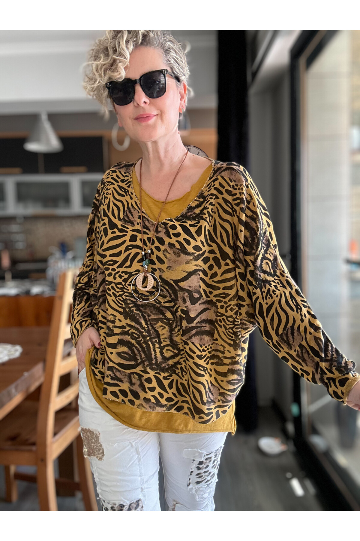Vino İtalyan Kaplan Desen Kolyeli Bluz Takım Hardal