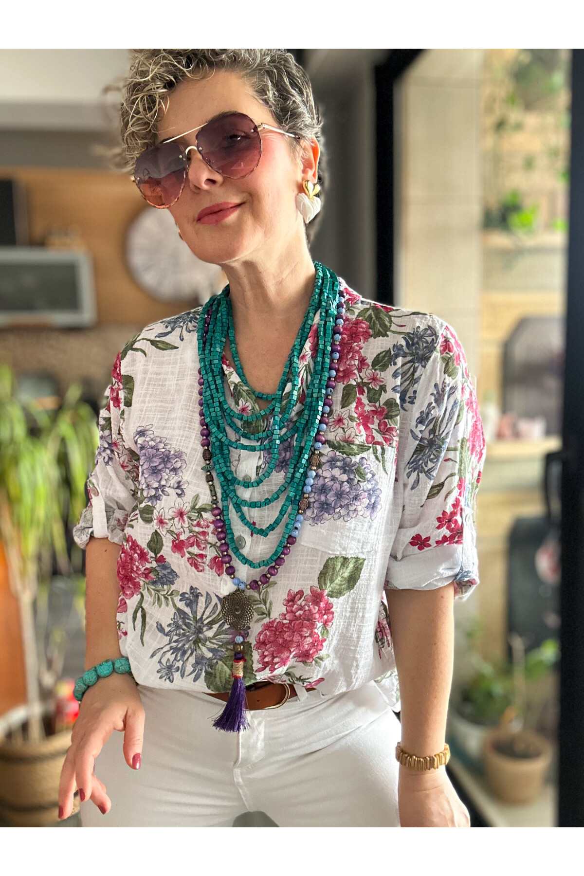 Alto Ortanca Desen İtalyan Gömlek Beyaz