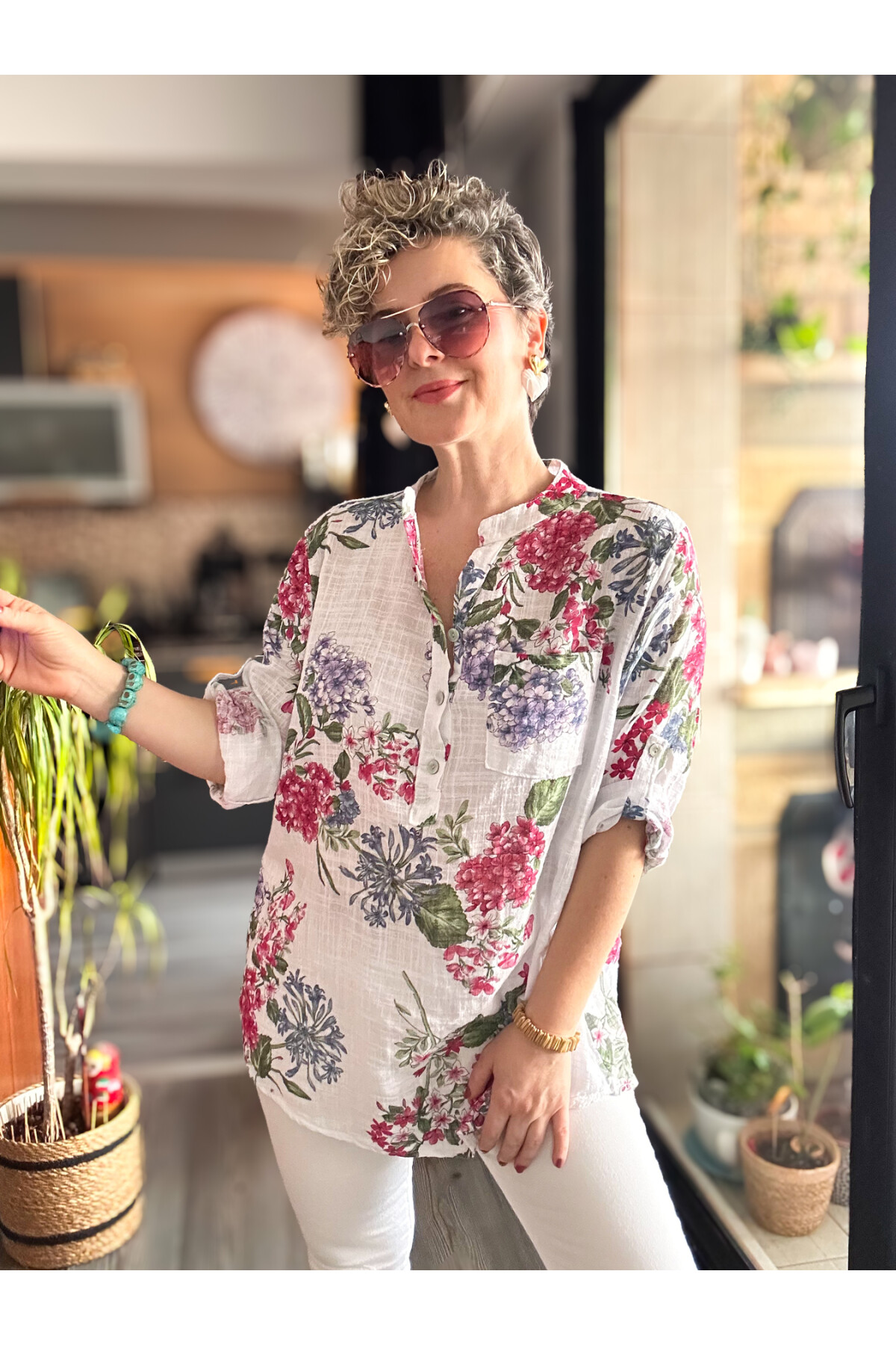 Alto Ortanca Desen İtalyan Gömlek Beyaz