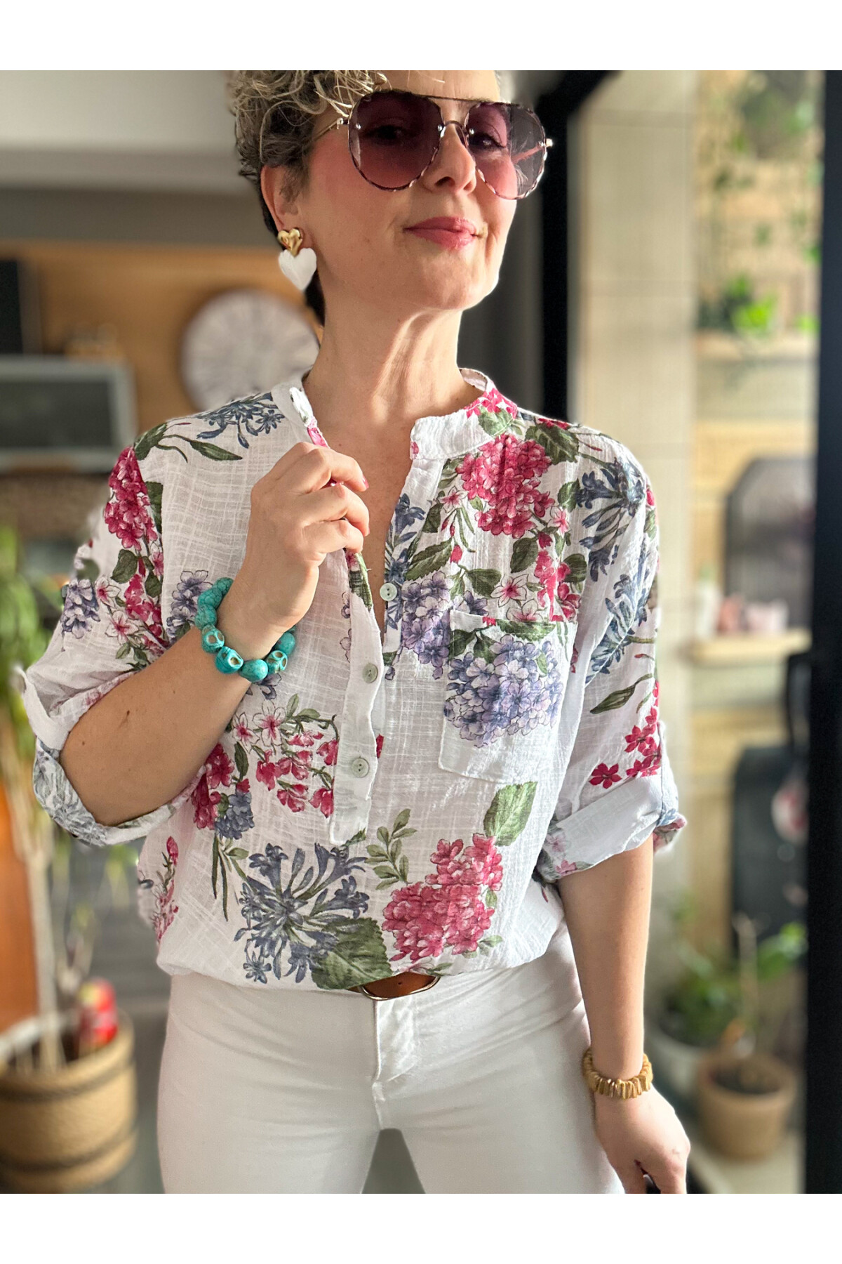 Alto Ortanca Desen İtalyan Gömlek Beyaz