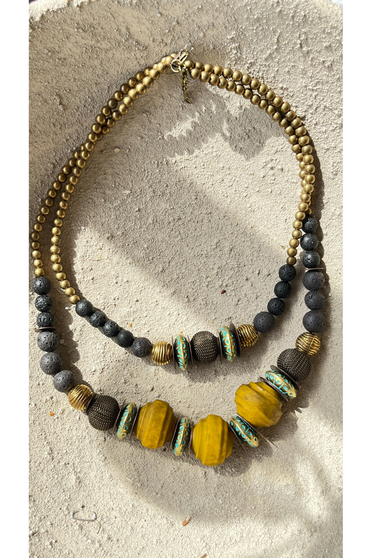 Anella Pirinç Doğal Taş Etnik Kolye Safran