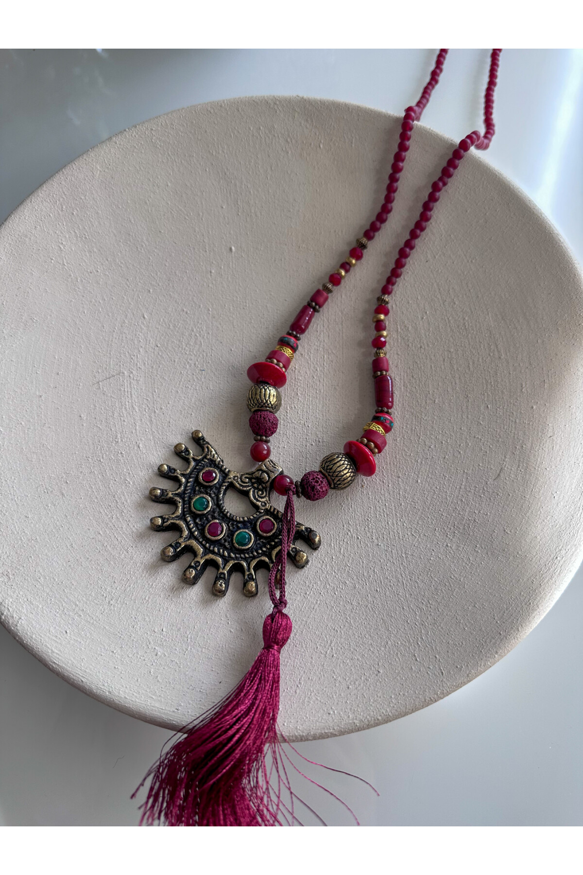 Aranya Pirinç Cam Etnik Kolye Bordo