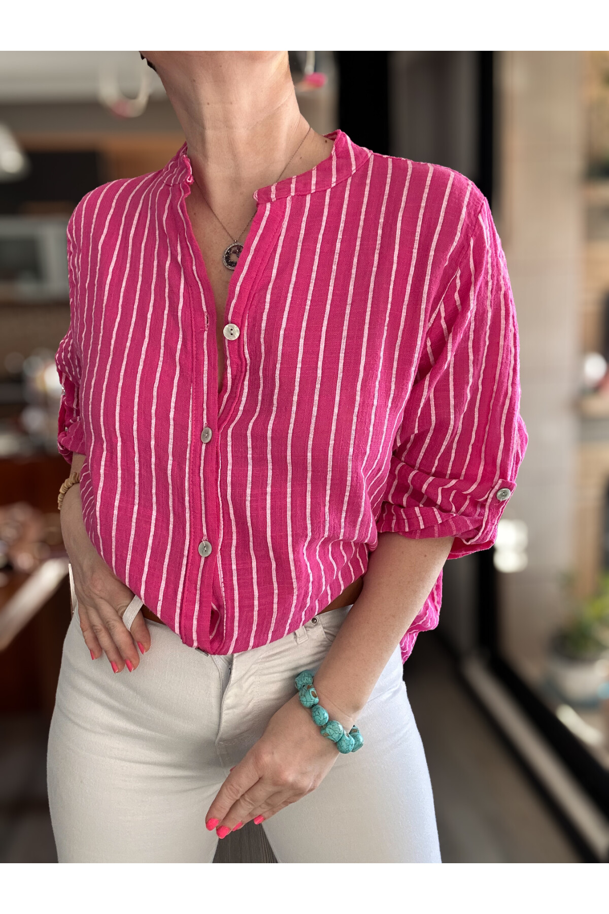 Bippa Çizgili Desen İtalyan Gömlek Fuşya