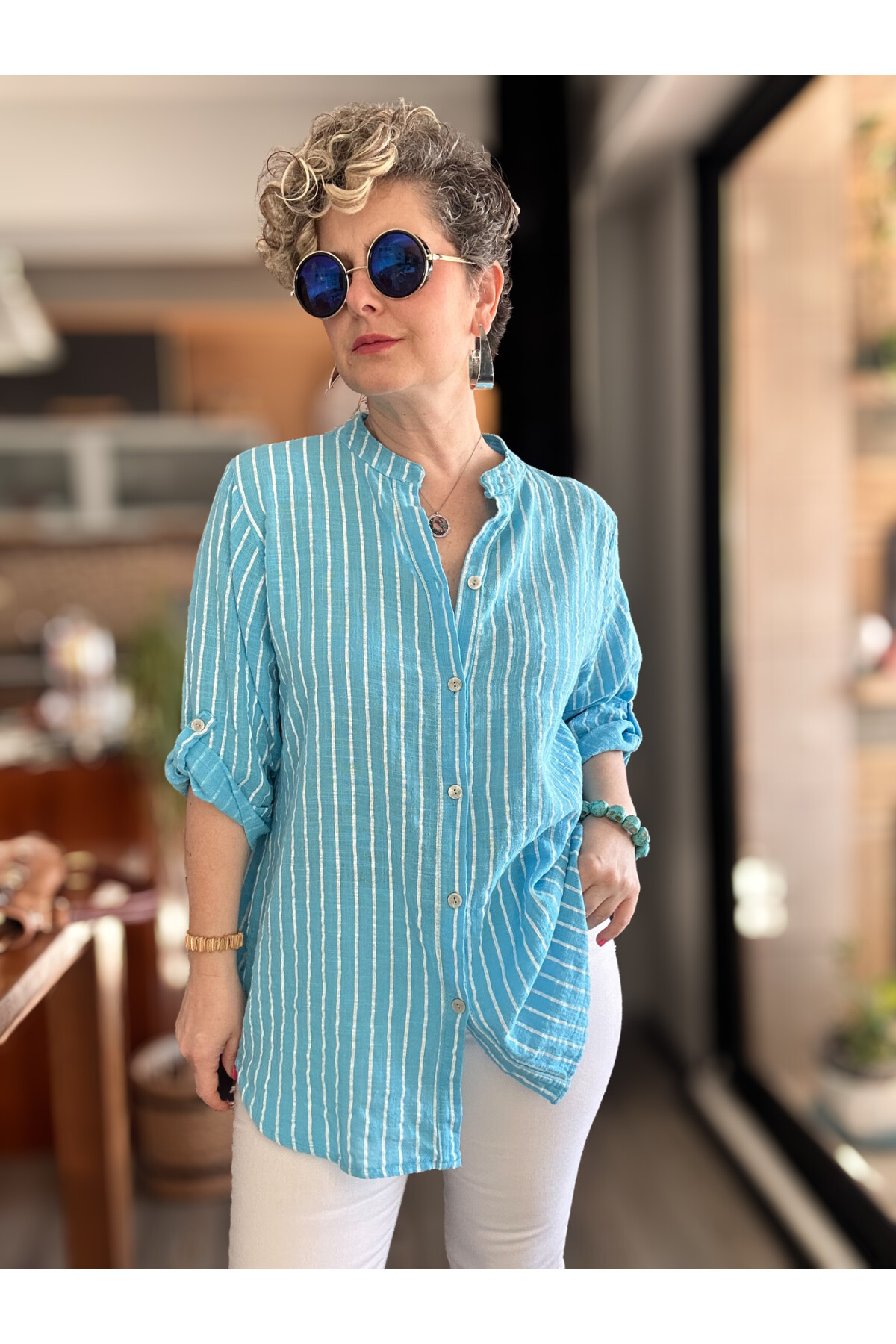 Bippa Çizgili Desen İtalyan Gömlek Turkuaz