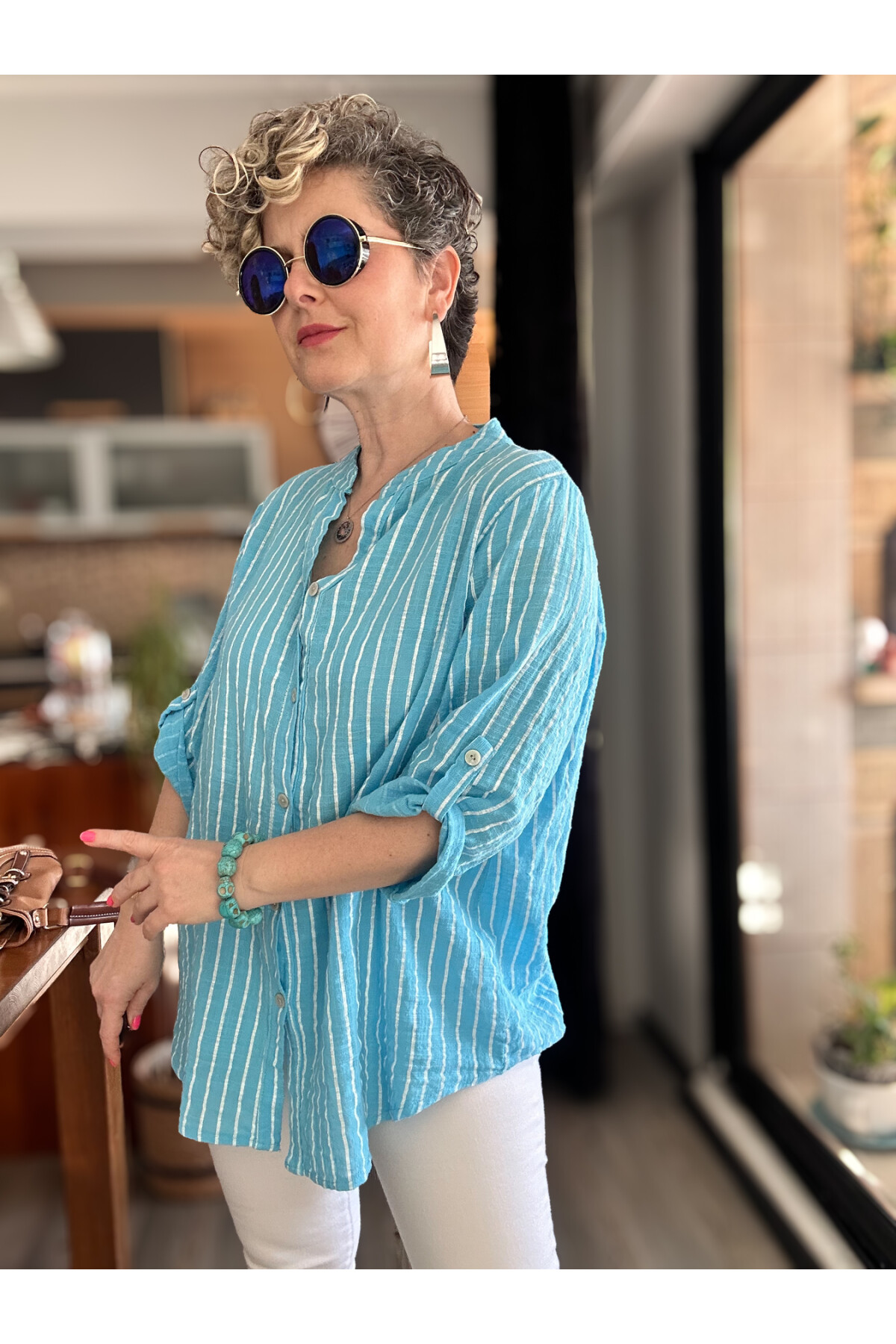 Bippa Çizgili Desen İtalyan Gömlek Turkuaz