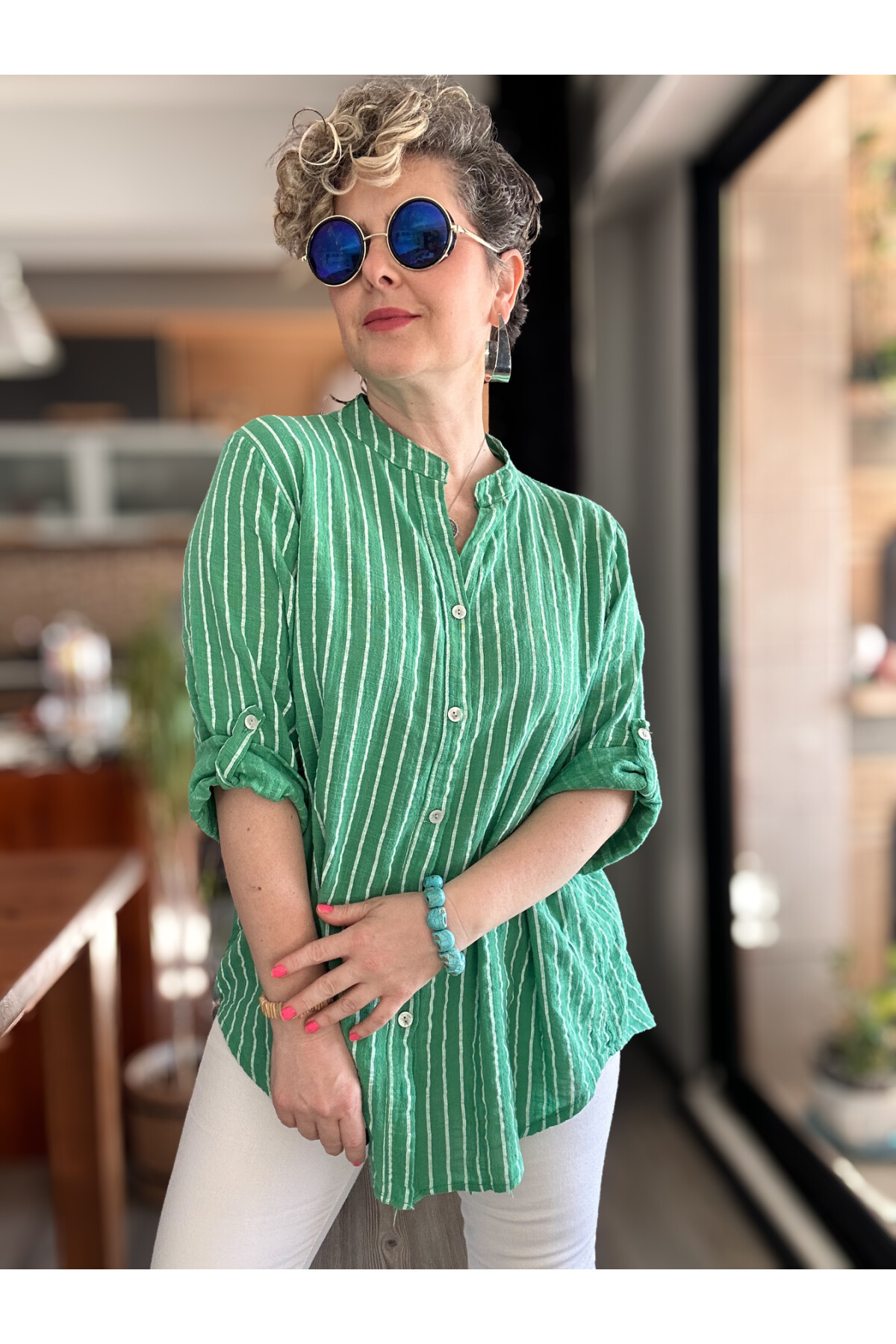 Bippa Çizgili Desen İtalyan Gömlek Yeşil