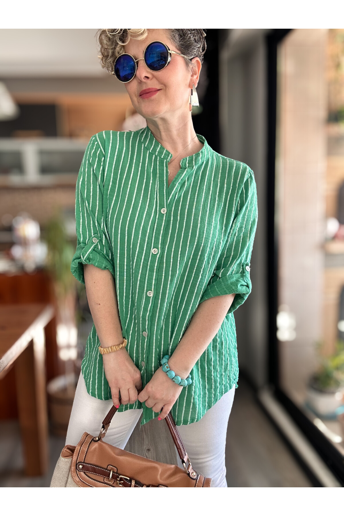 Bippa Çizgili Desen İtalyan Gömlek Yeşil