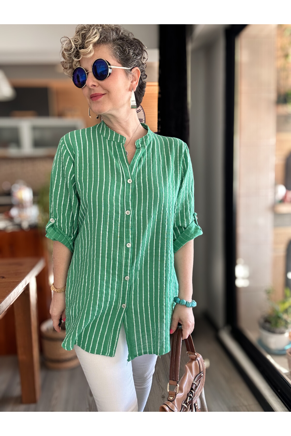 Bippa Çizgili Desen İtalyan Gömlek Yeşil