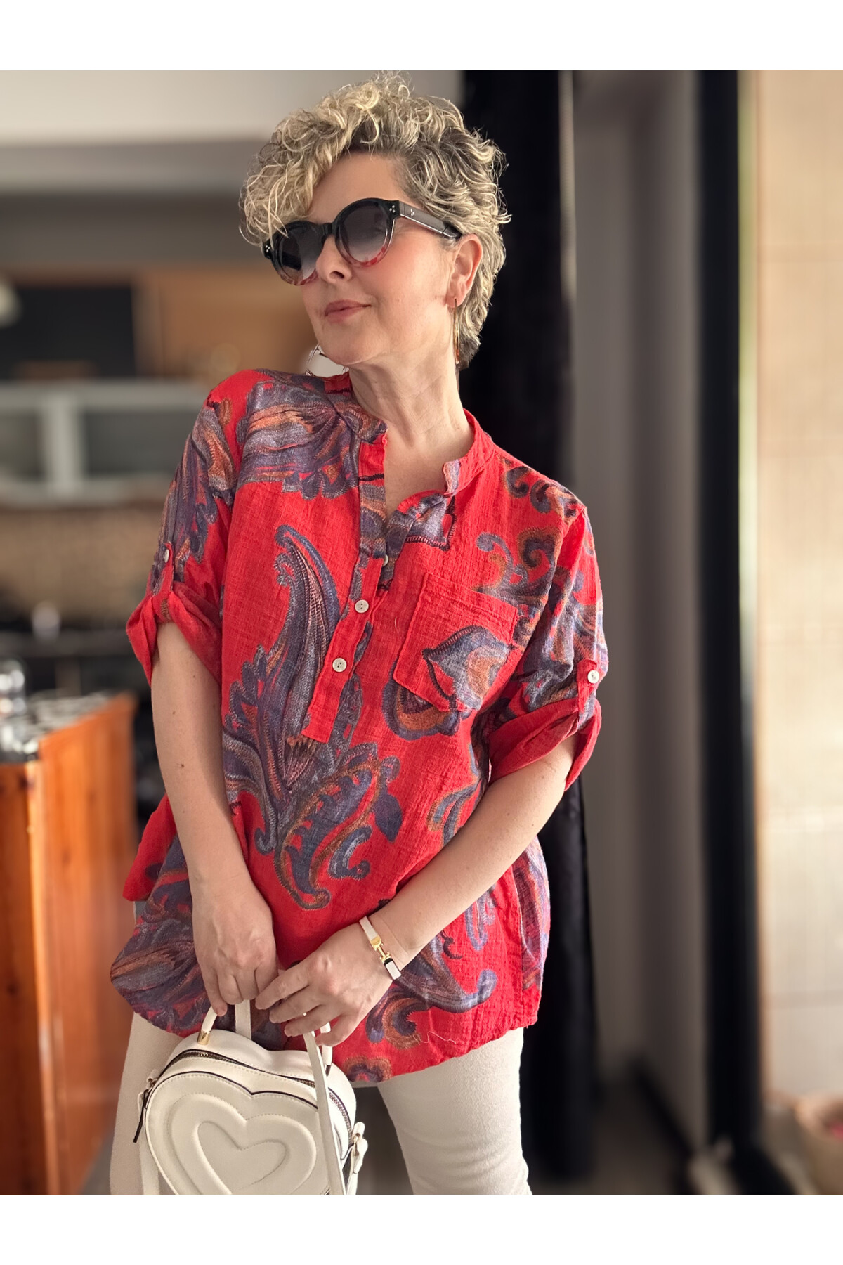 Cassa Yaprak Desen İtalyan Gömlek Kırmızı