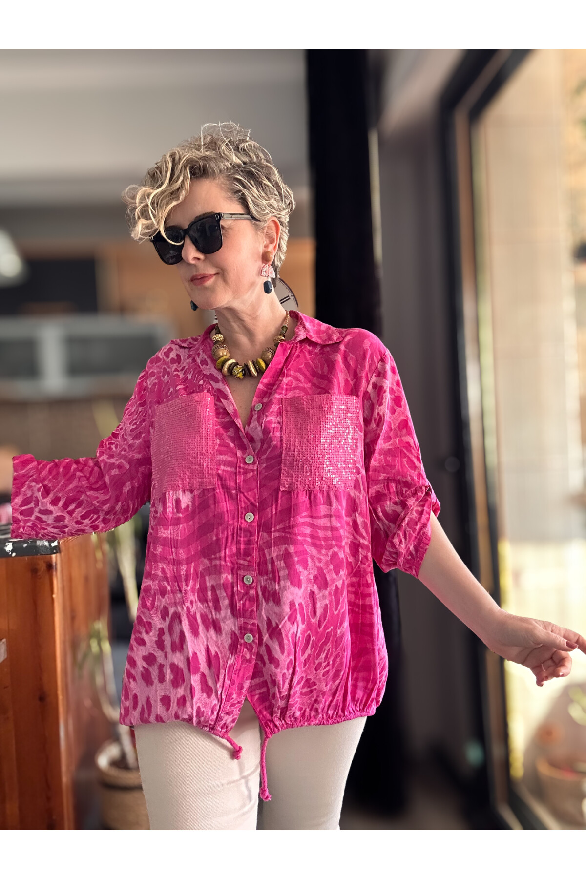 Cento Leopar Pul Detaylı Tasarım Gömlek Fuşya