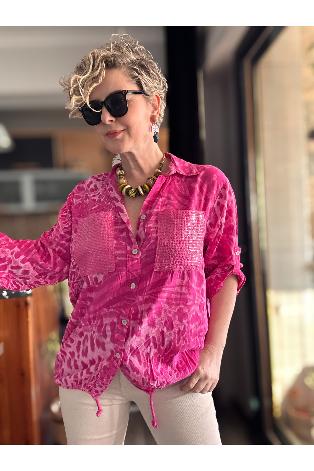 Cento Leopar Pul Detaylı Tasarım Gömlek Fuşya