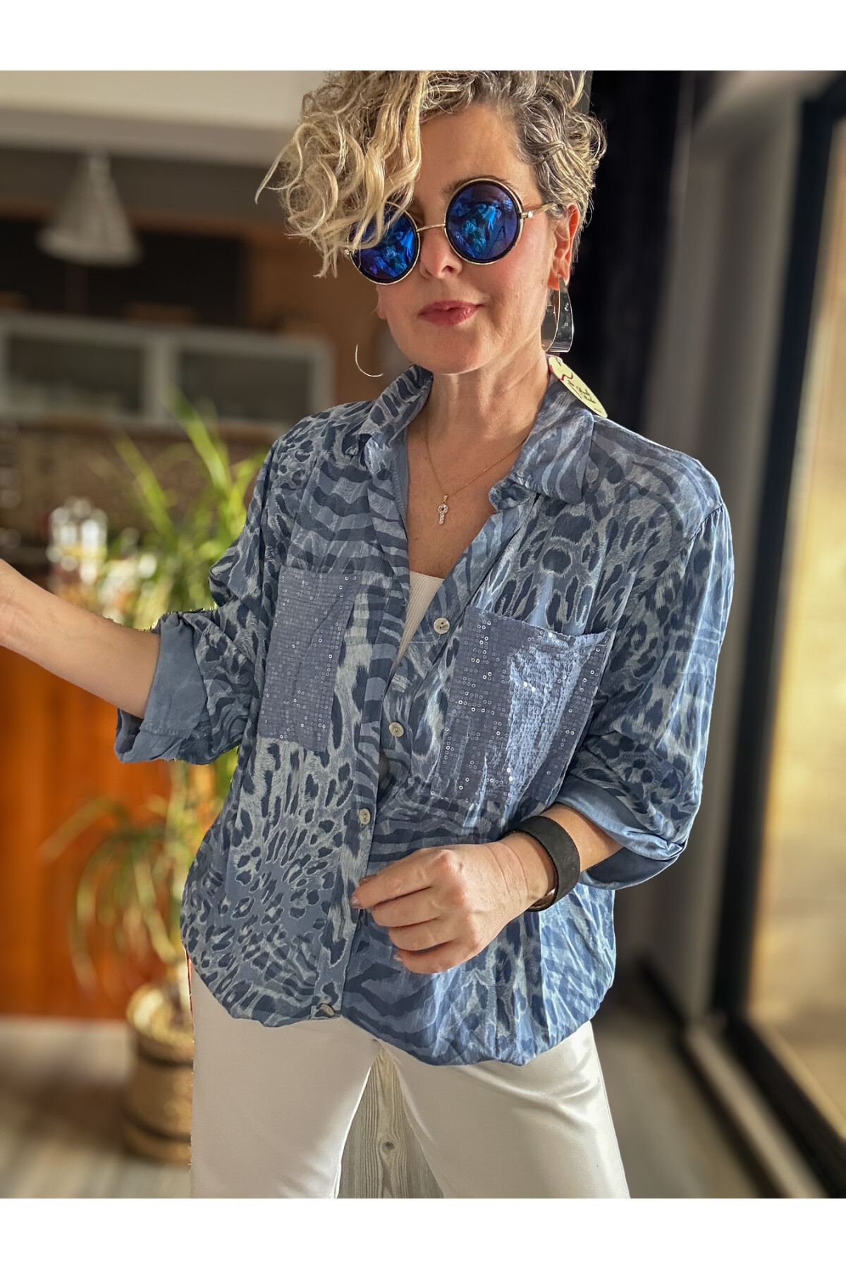 Cento Leopar Pul Detaylı Tasarım Gömlek İndigo