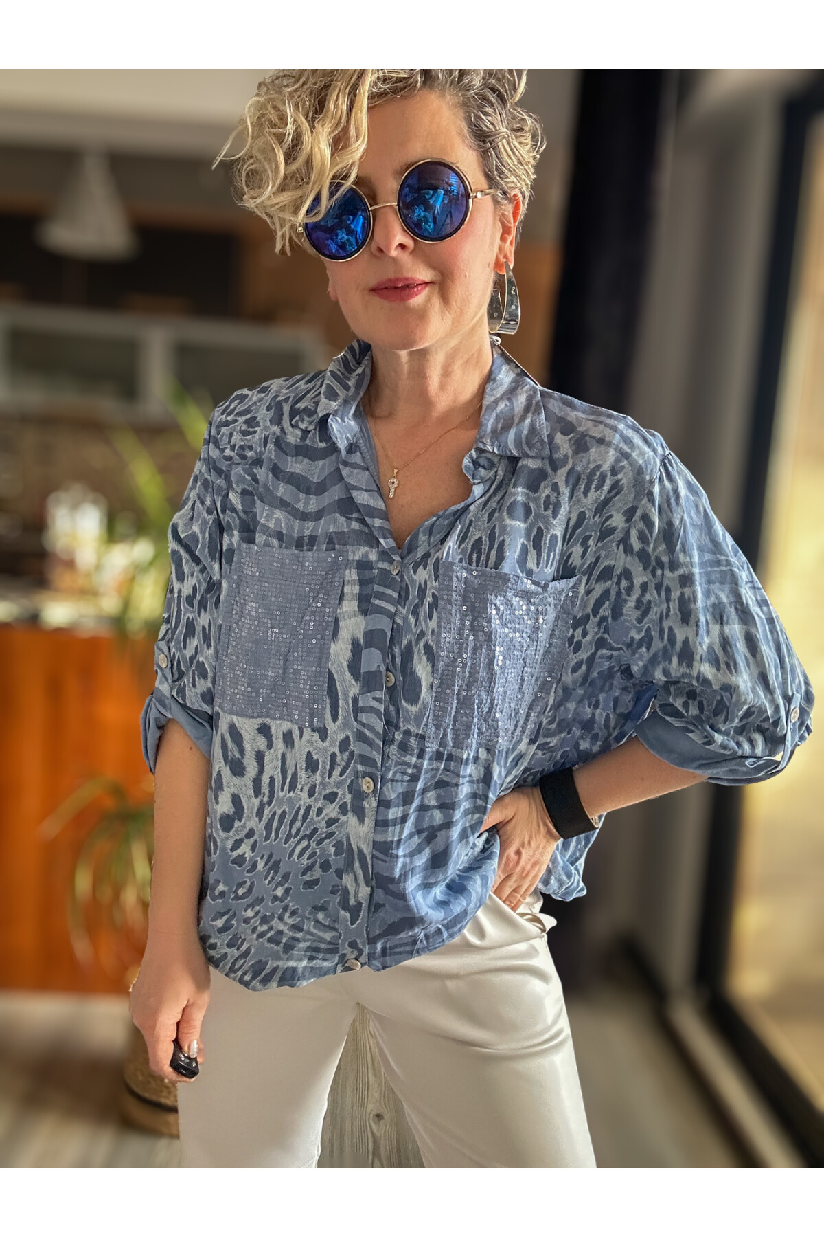 Cento Leopar Pul Detaylı Tasarım Gömlek İndigo