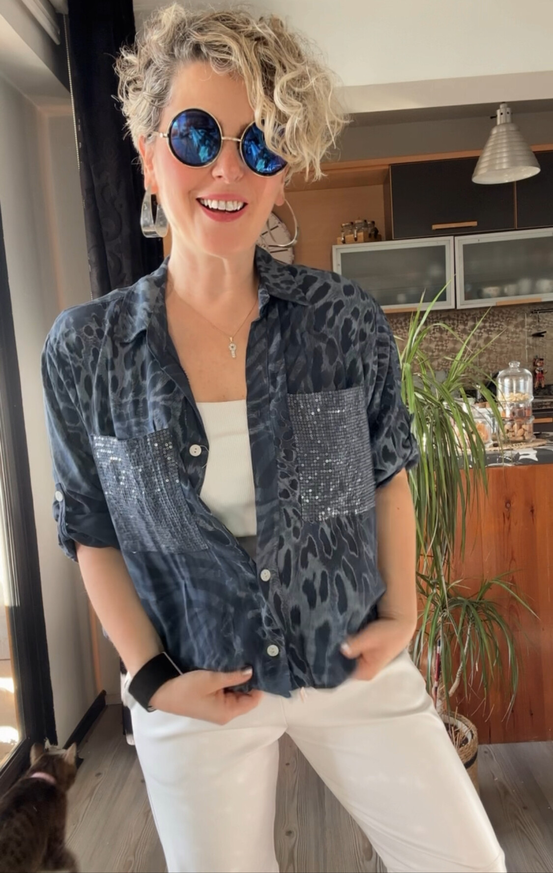 Cento Leopar Pul Detaylı Tasarım Gömlek Lacivert