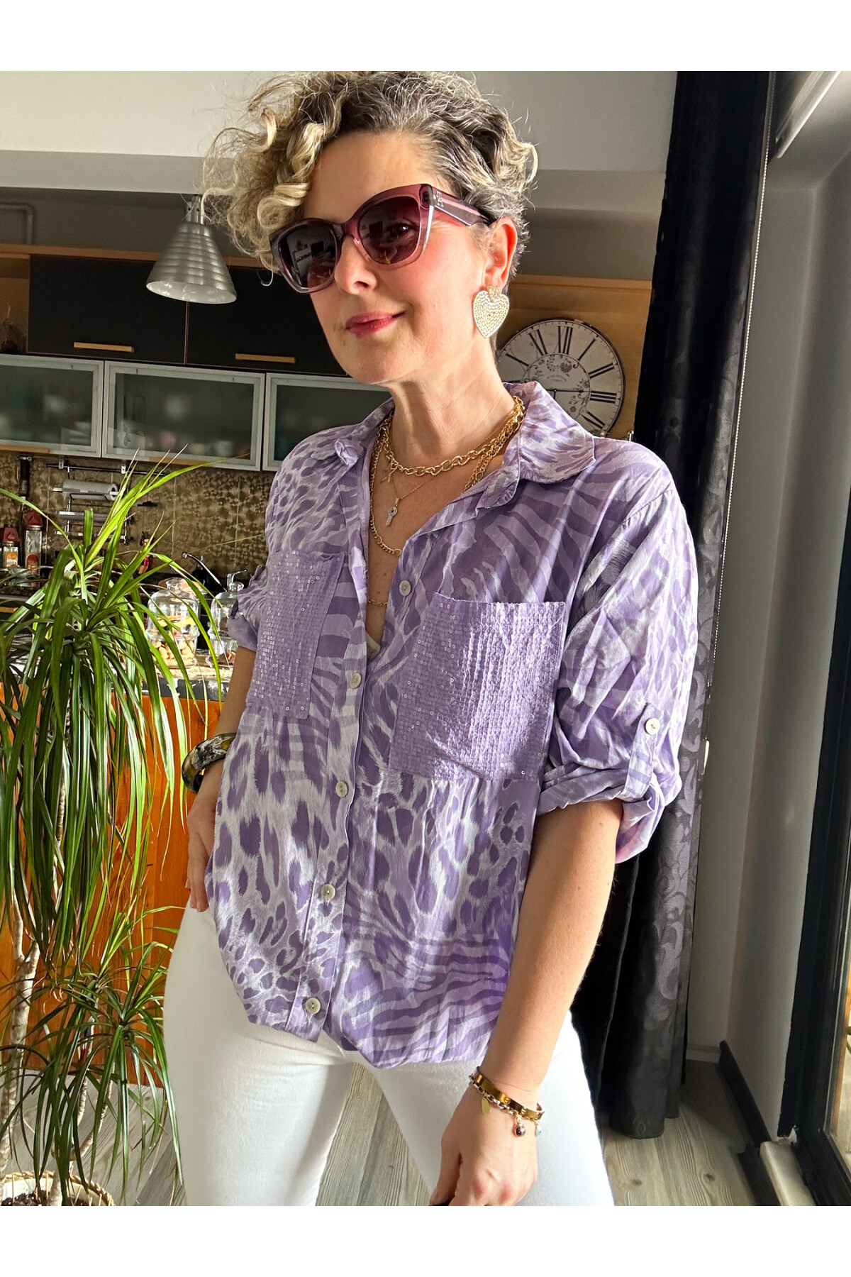 Cento Leopar Pul Detaylı Tasarım Gömlek Lila