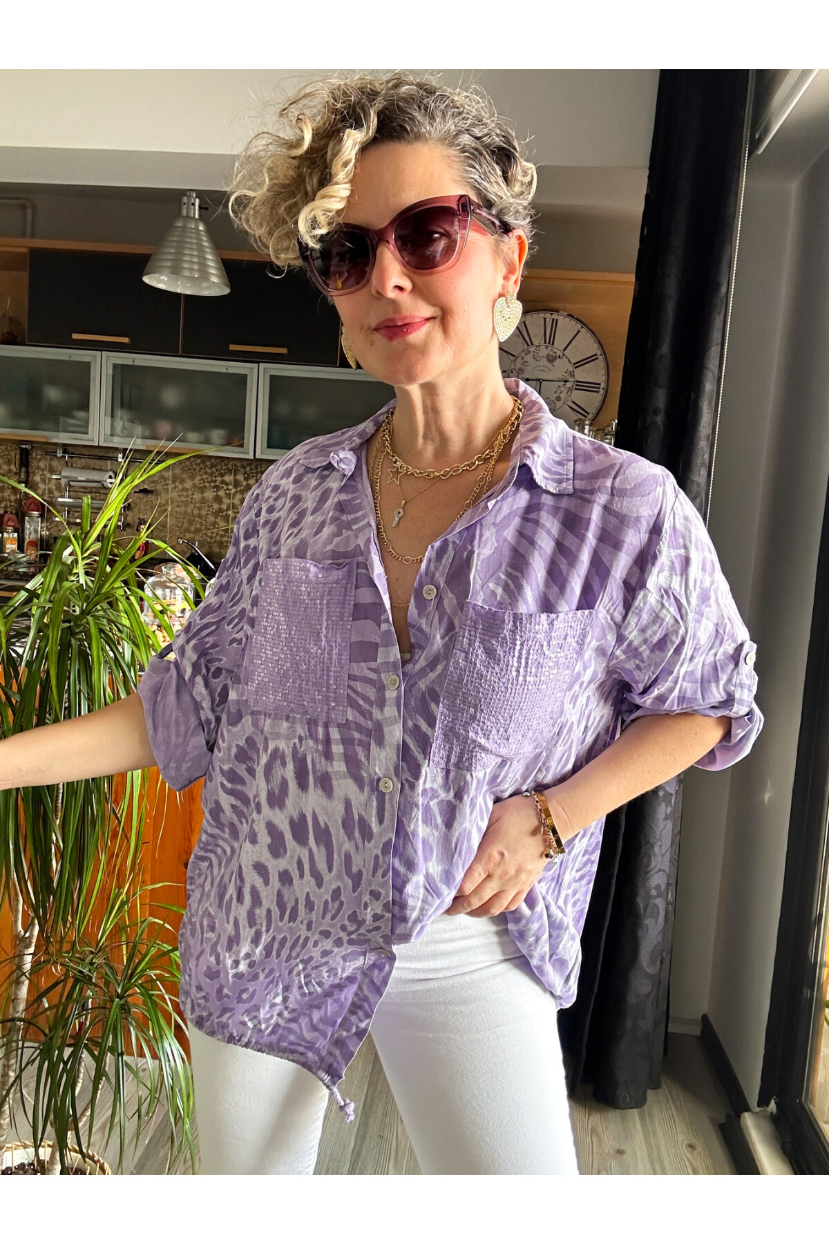Cento Leopar Pul Detaylı Tasarım Gömlek Lila