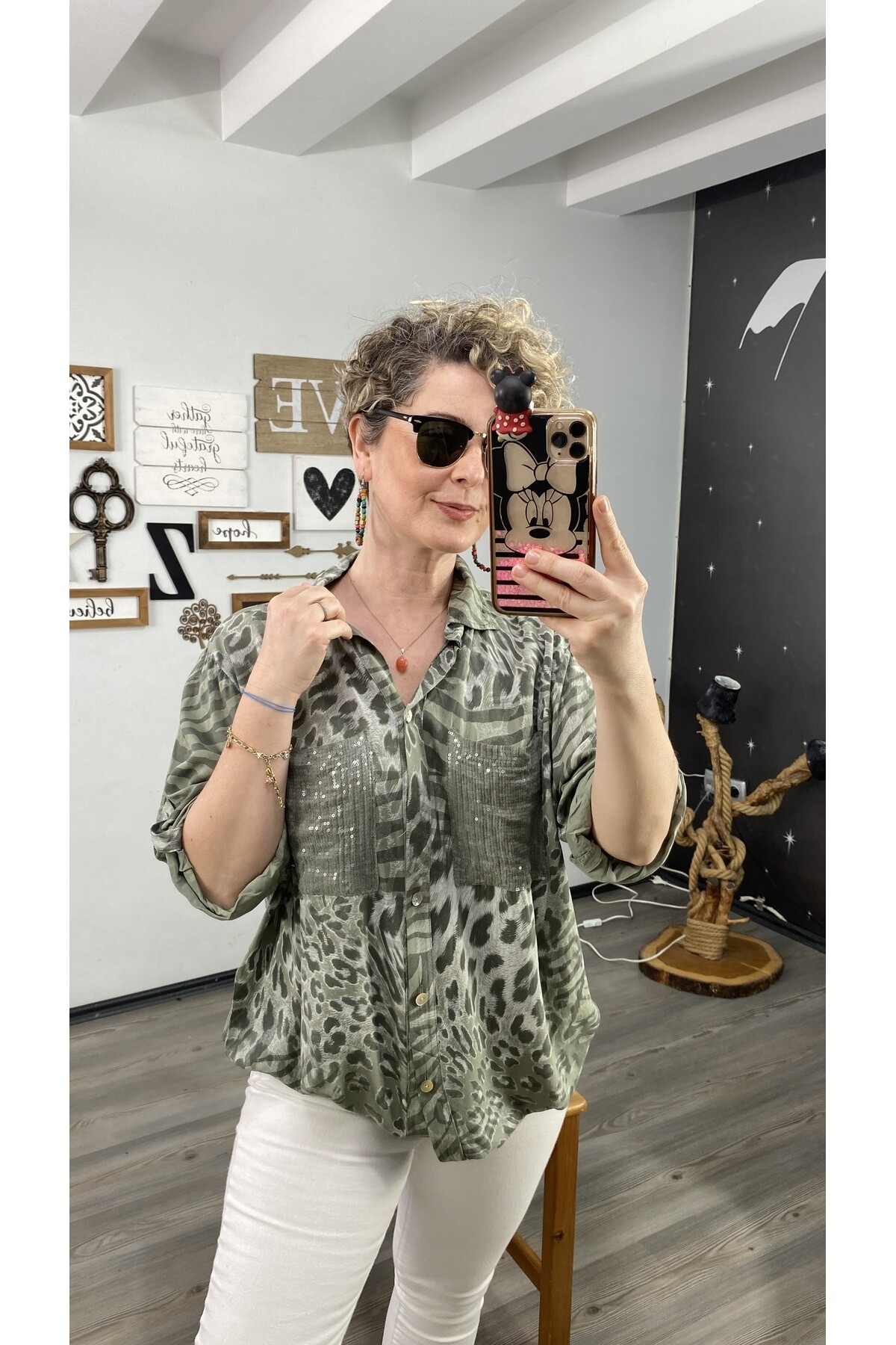 Cento Leopar Pul Detaylı Tasarım Gömlek Haki