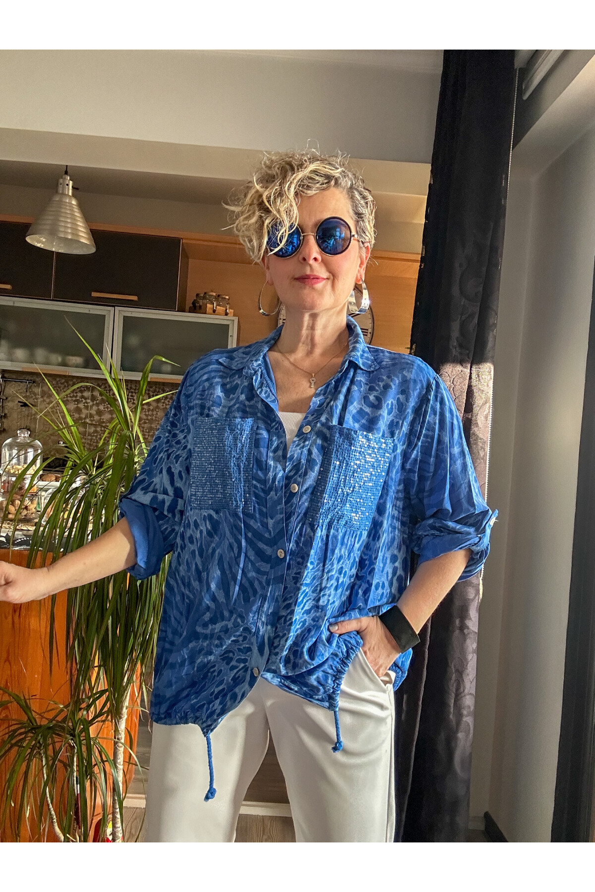 Cento Leopar Pul Detaylı Tasarım Gömlek Saks Mavi